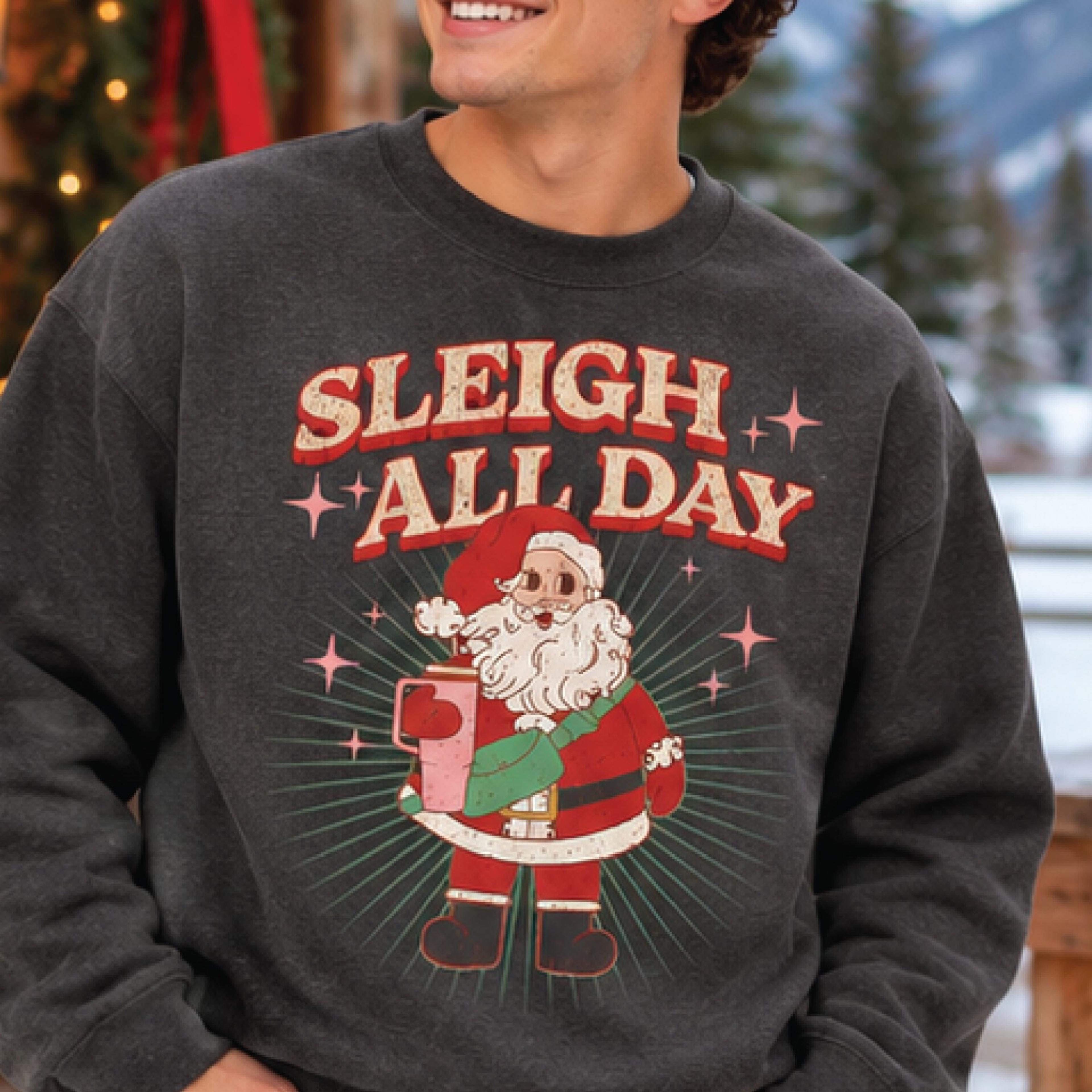 sleigh all day christmas sweatshirt, funny santa claus coffee graphic pullover, retro holiday sweater, unisex christmas