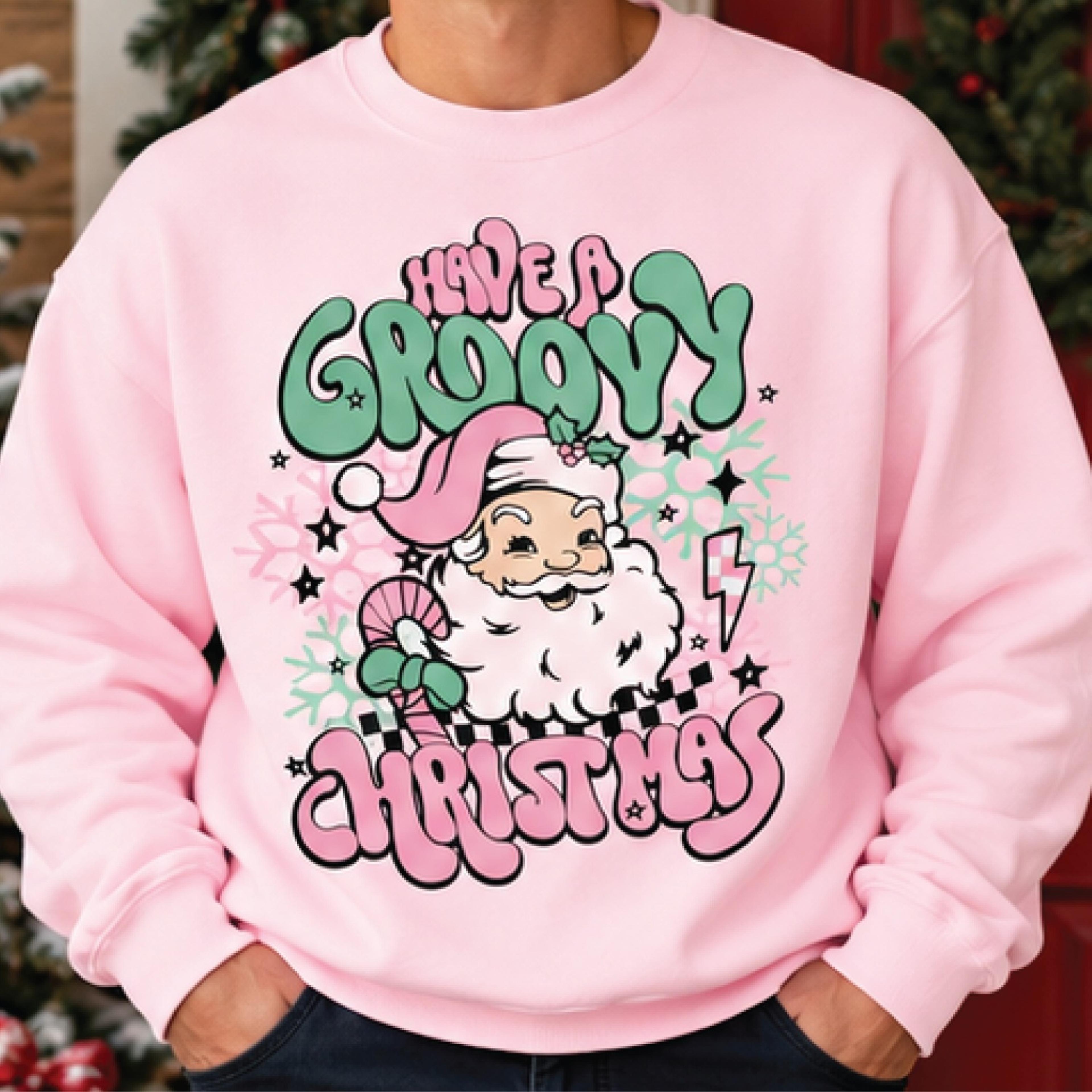 have a groovy christmas sweatshirt, retro santa claus graphic sweater, pink green holiday pullover, unisex christmas