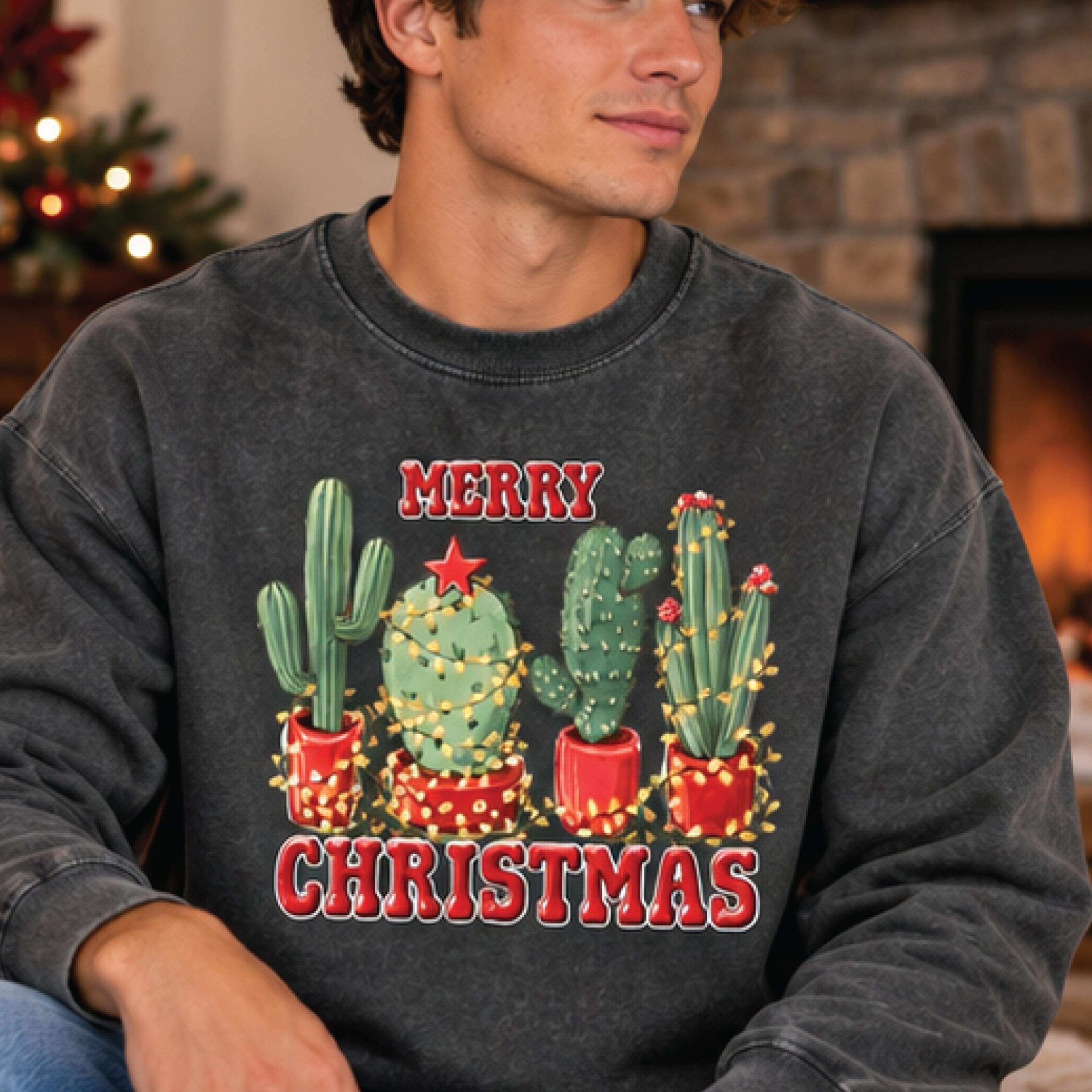merry christmas cactus sweatshirt, western christmas graphic sweater, festive cactus holiday pullover, unisex christmas