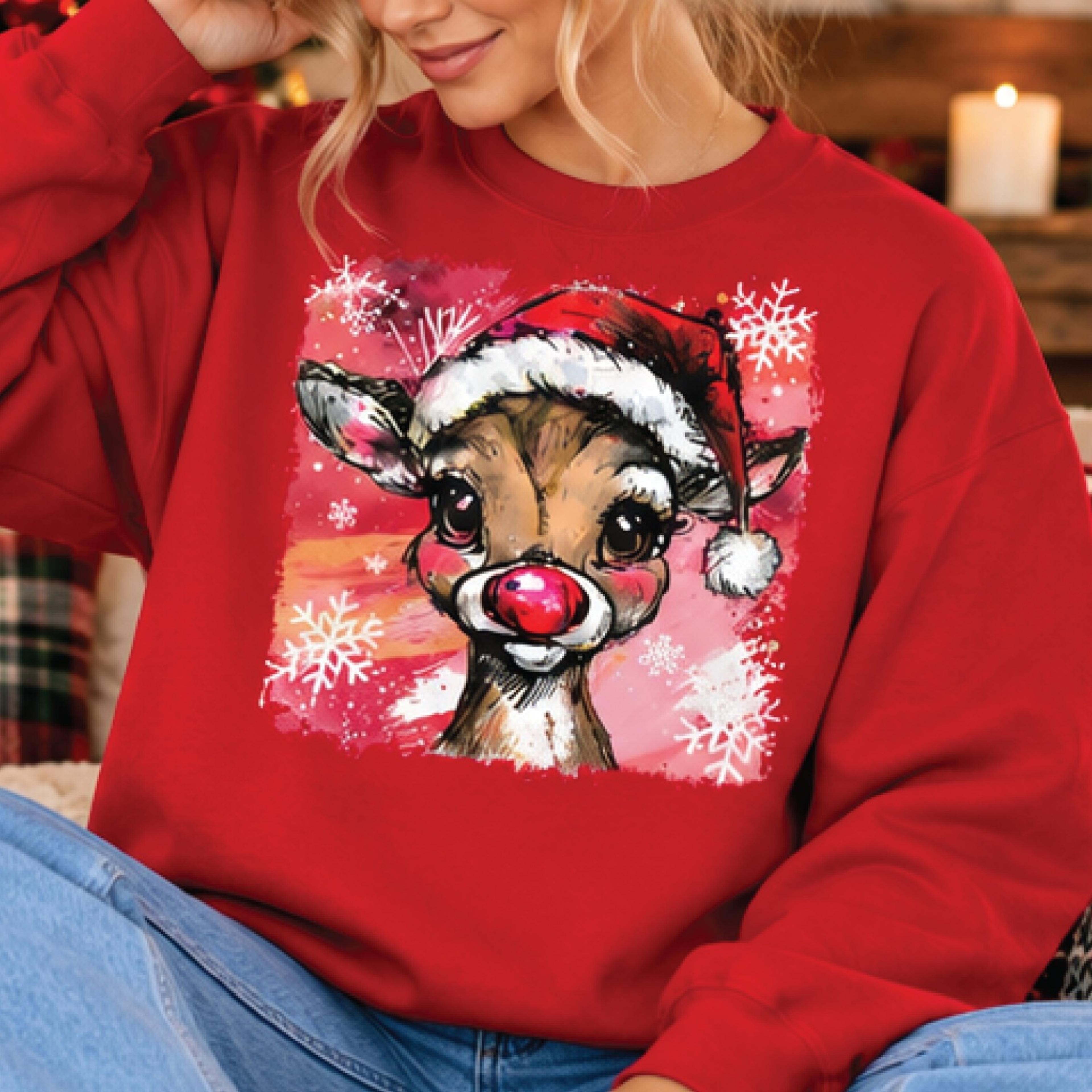 cute christmas reindeer sweatshirt, pink santa hat deer graphic sweater, retro rudolph holiday pullover, unisex
