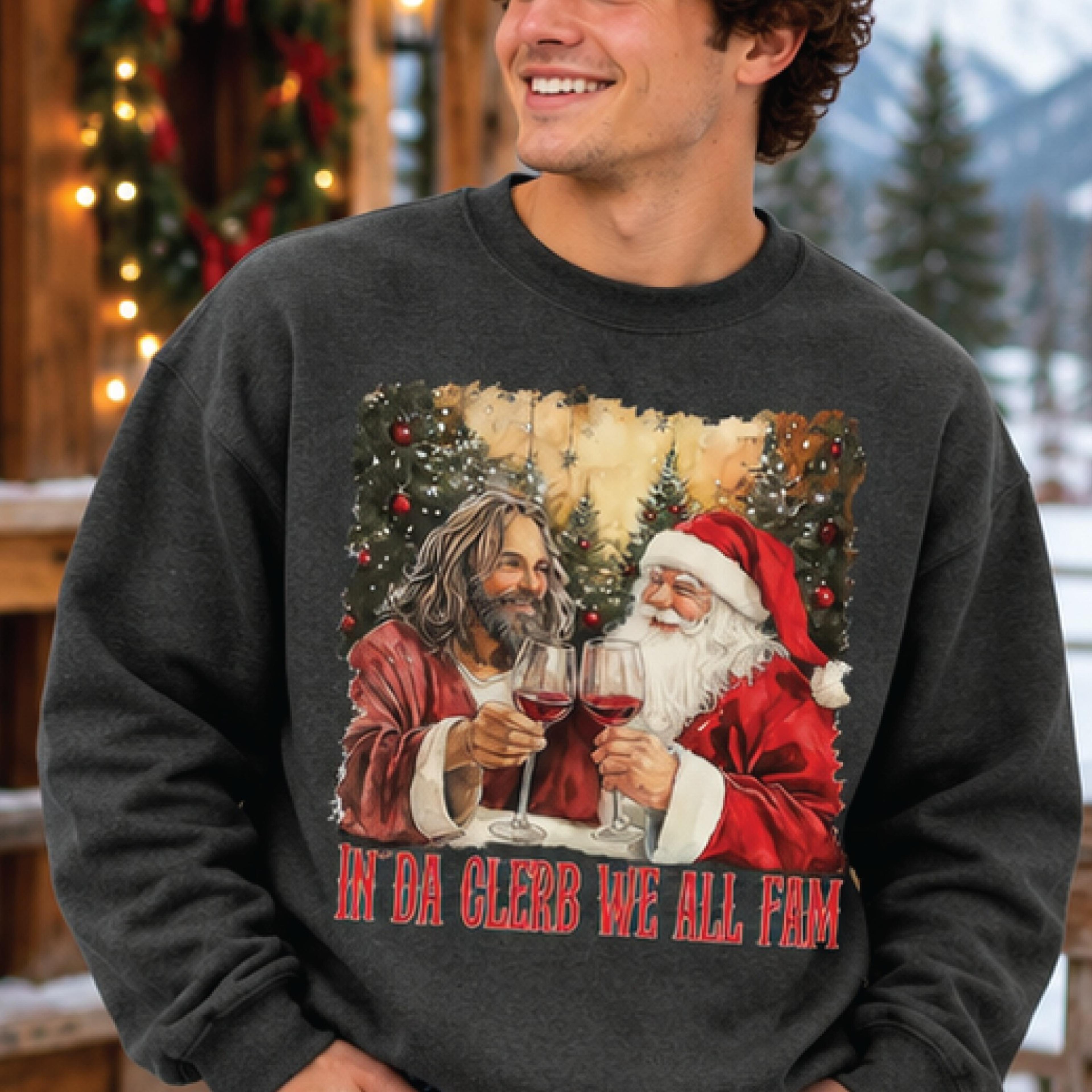 in da clerb we all fam christmas sweatshirt, funny santa and jesus holiday graphic sweater, retro christmas unisex gift