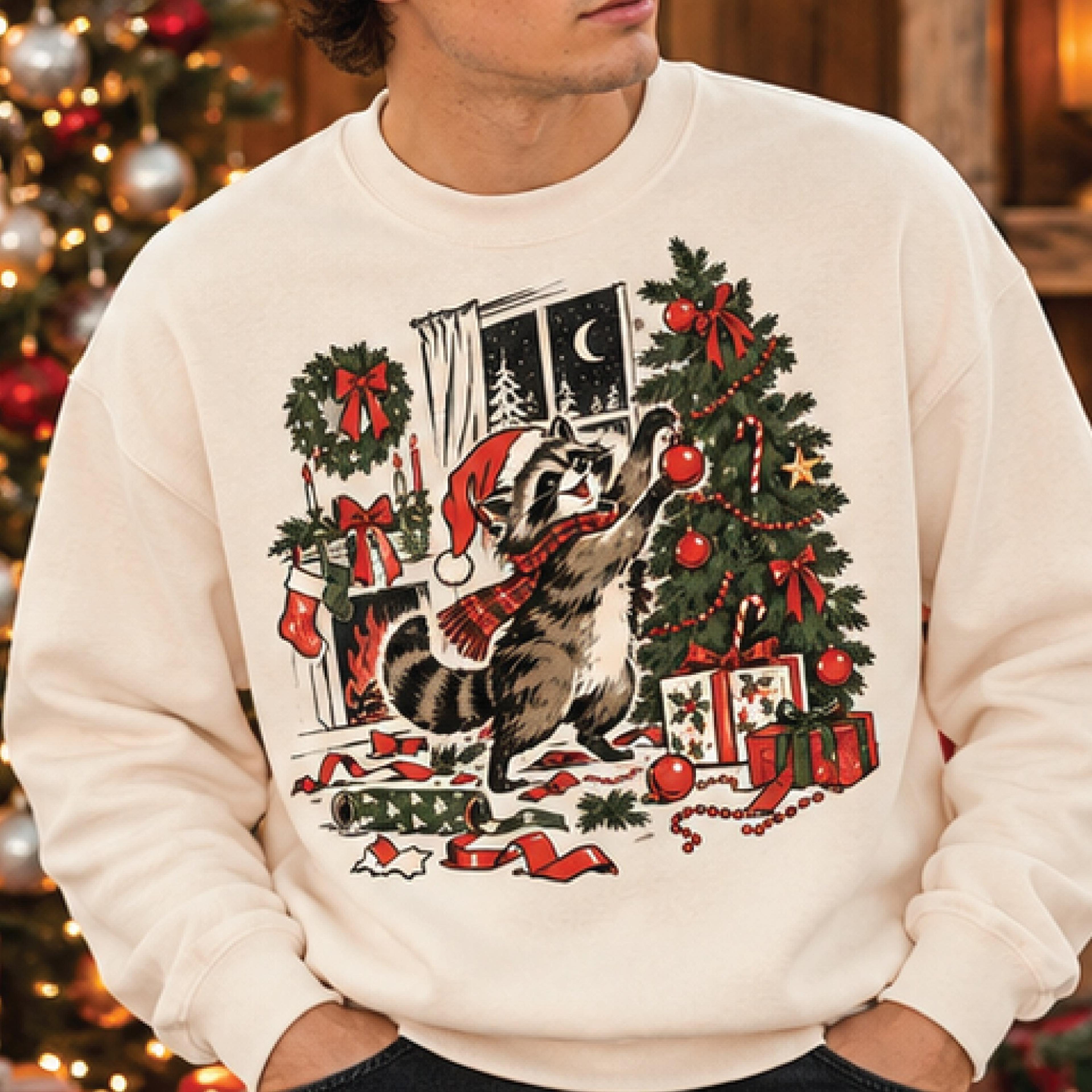 vintage christmas raccoon sweatshirt, retro santa hat raccoon graphic sweater, cozy woodland holiday unisex gift