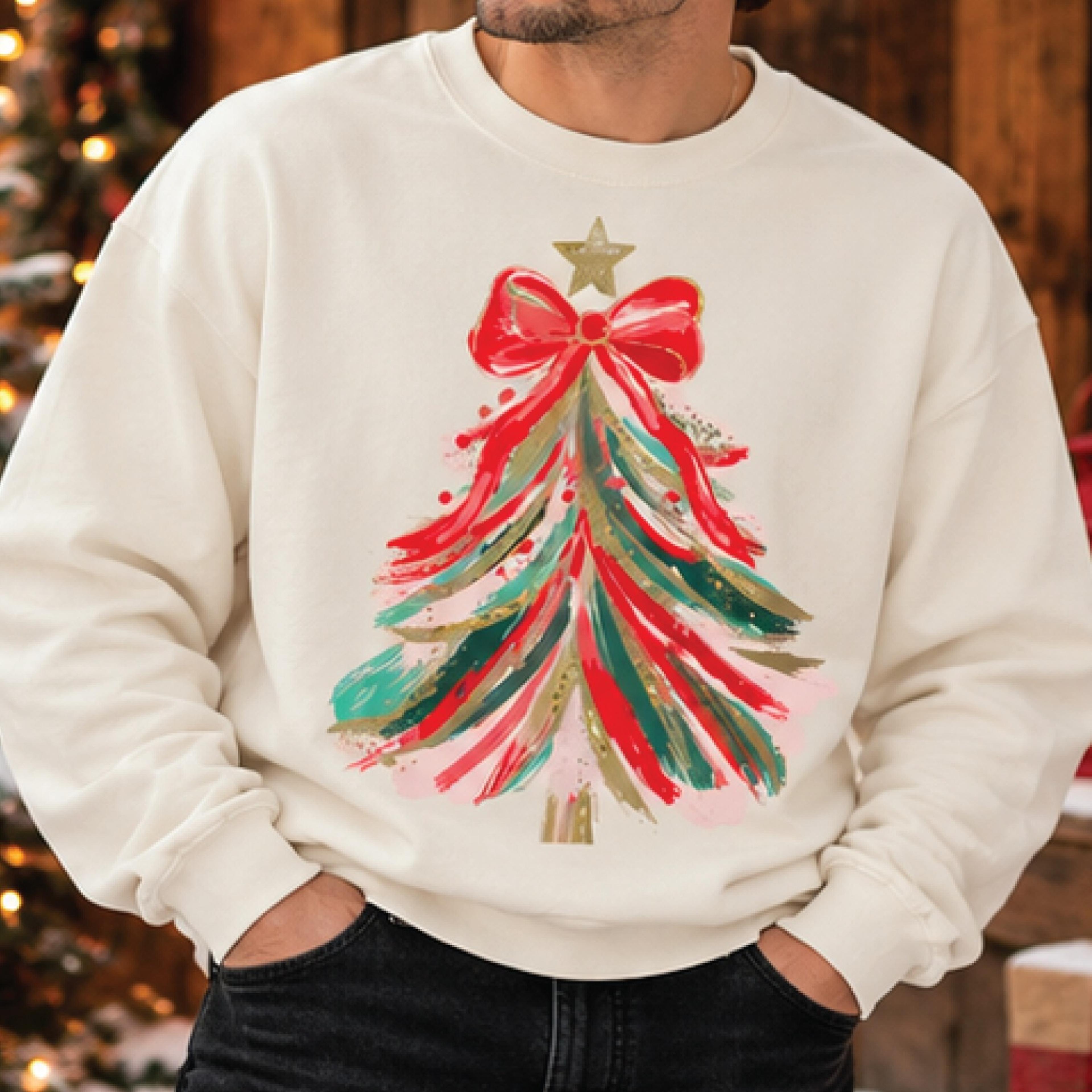 watercolor christmas tree sweatshirt, red bow holiday graphic sweater, vintage coquette christmas unisex adult gift