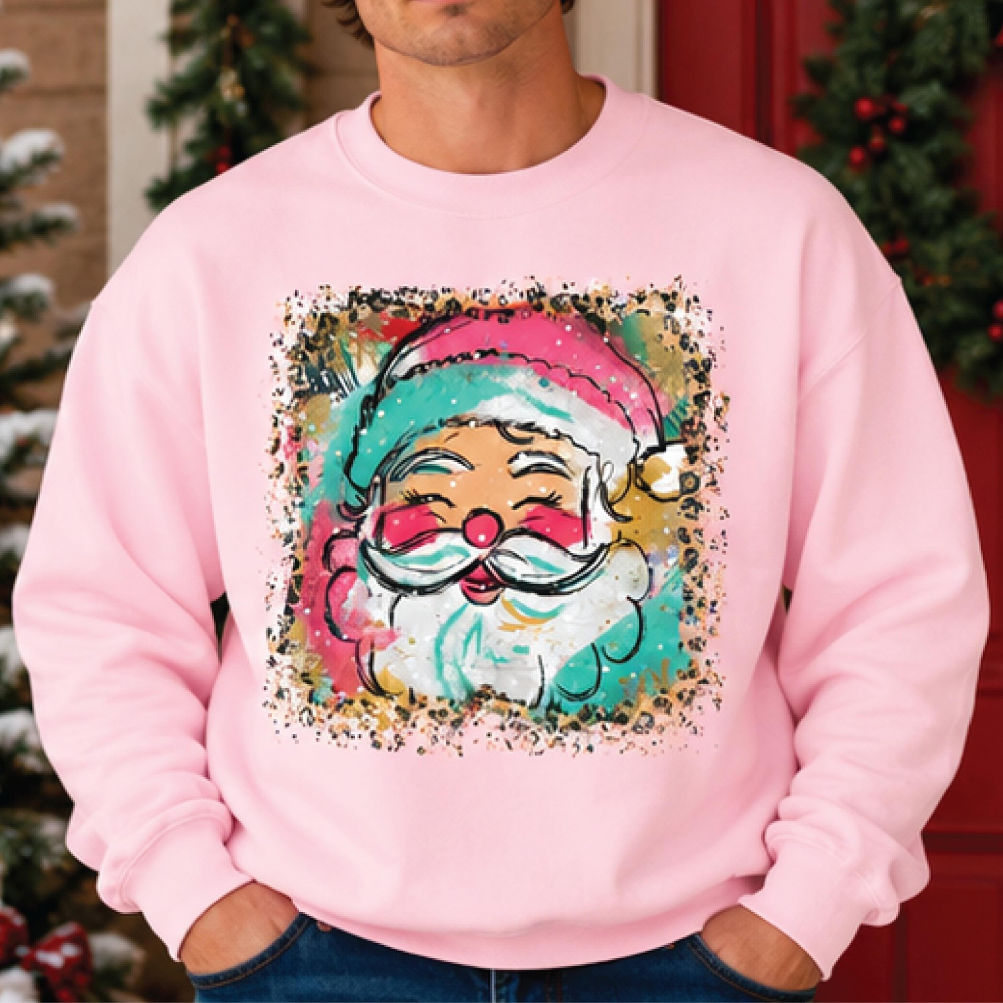 cute santa face christmas sweatshirt, colorful retro santa graphic sweater, festive holiday pullover, unisex christmas