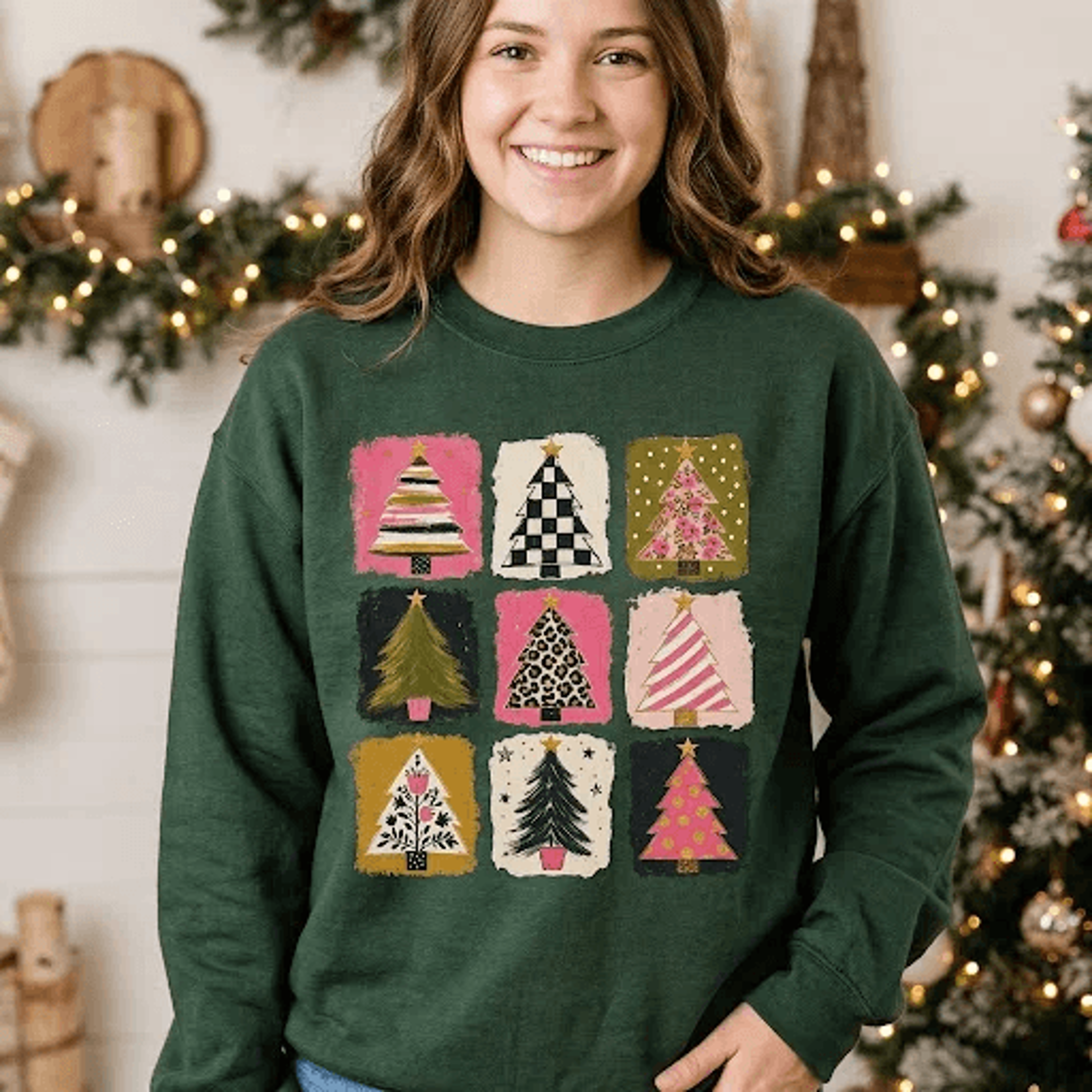 retro christmas tree sweatshirt, vintage patchwork holiday sweater, cute coquette christmas graphic pullover, unisex