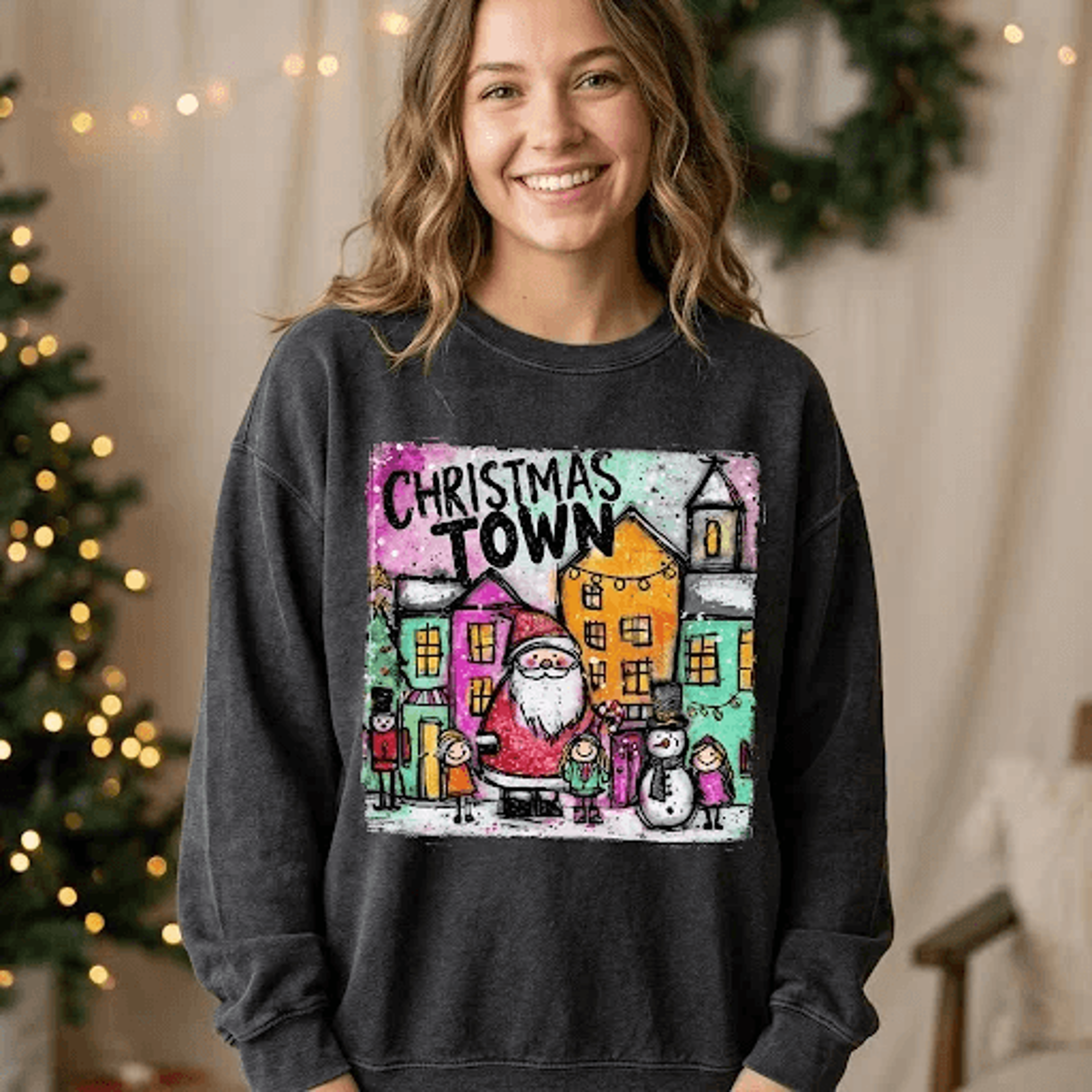 christmas town sweatshirt, colorful santa claus holiday graphic sweater, whimsical christmas village pullover, unisex