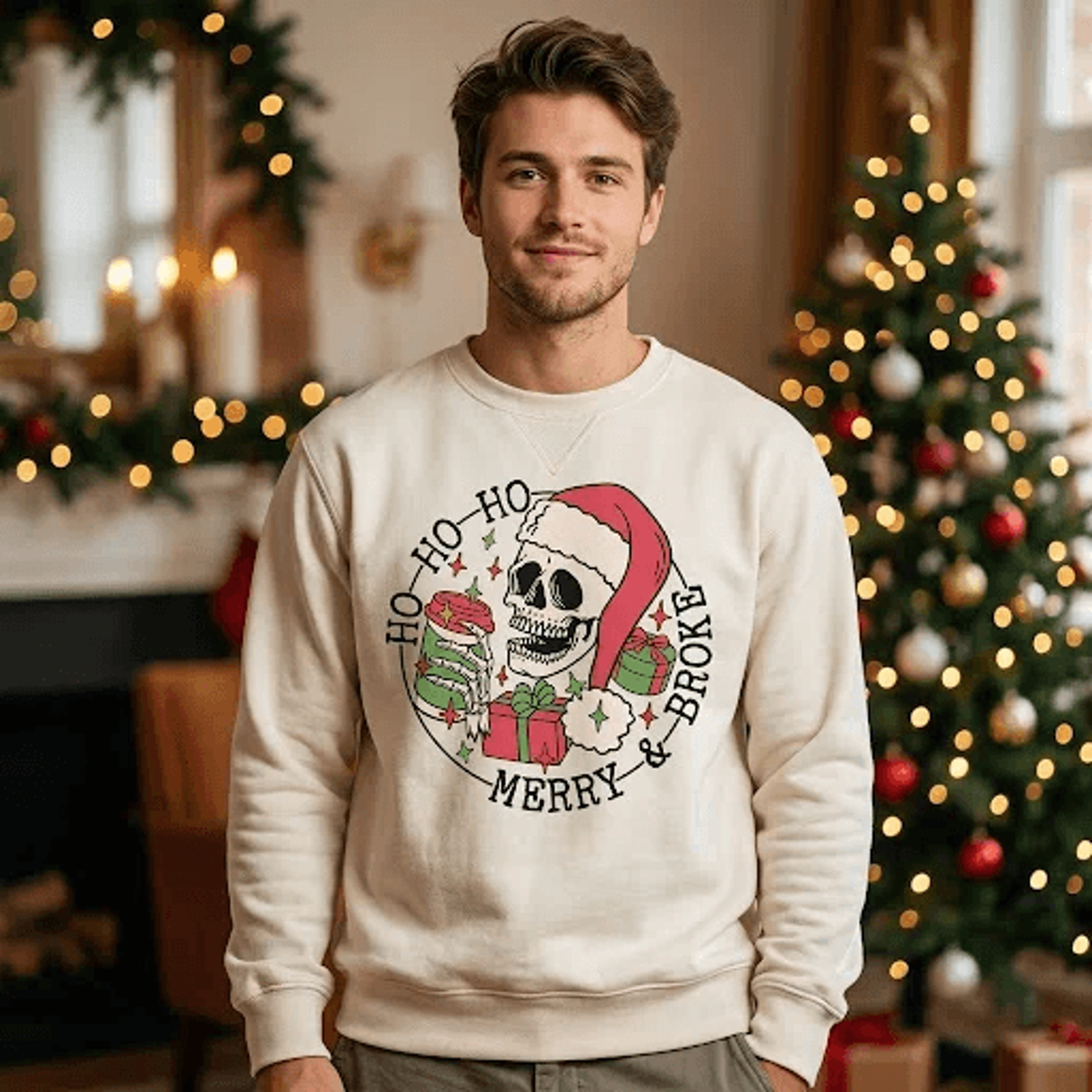 ho ho ho merry & broke christmas sweatshirt, funny skeleton santa graphic sweater, gothic holiday pullover, unisex xmas