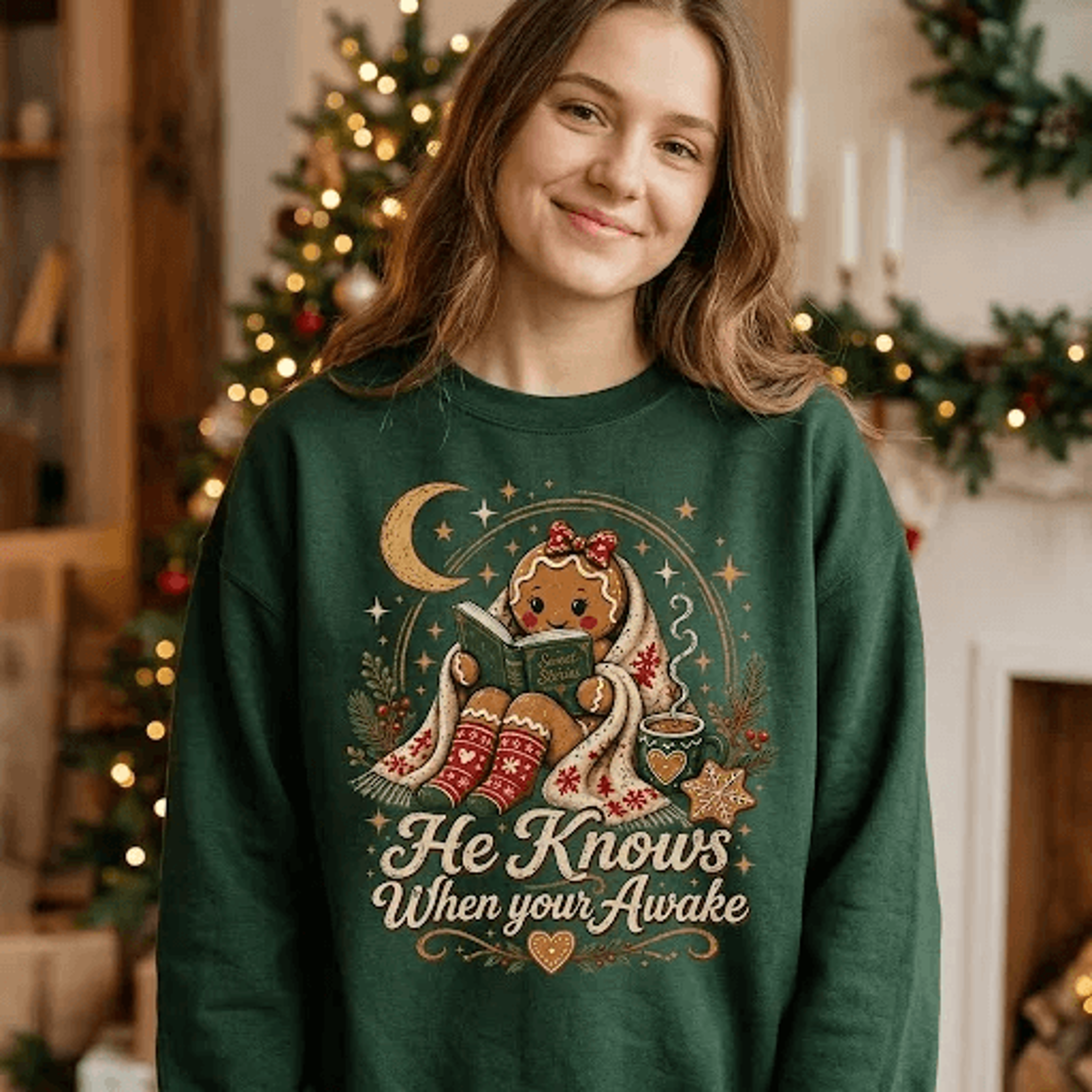 he knows when you're awake gingerbread sweatshirt, cute christmas cookie reading graphic sweater, cozy holiday unisex
