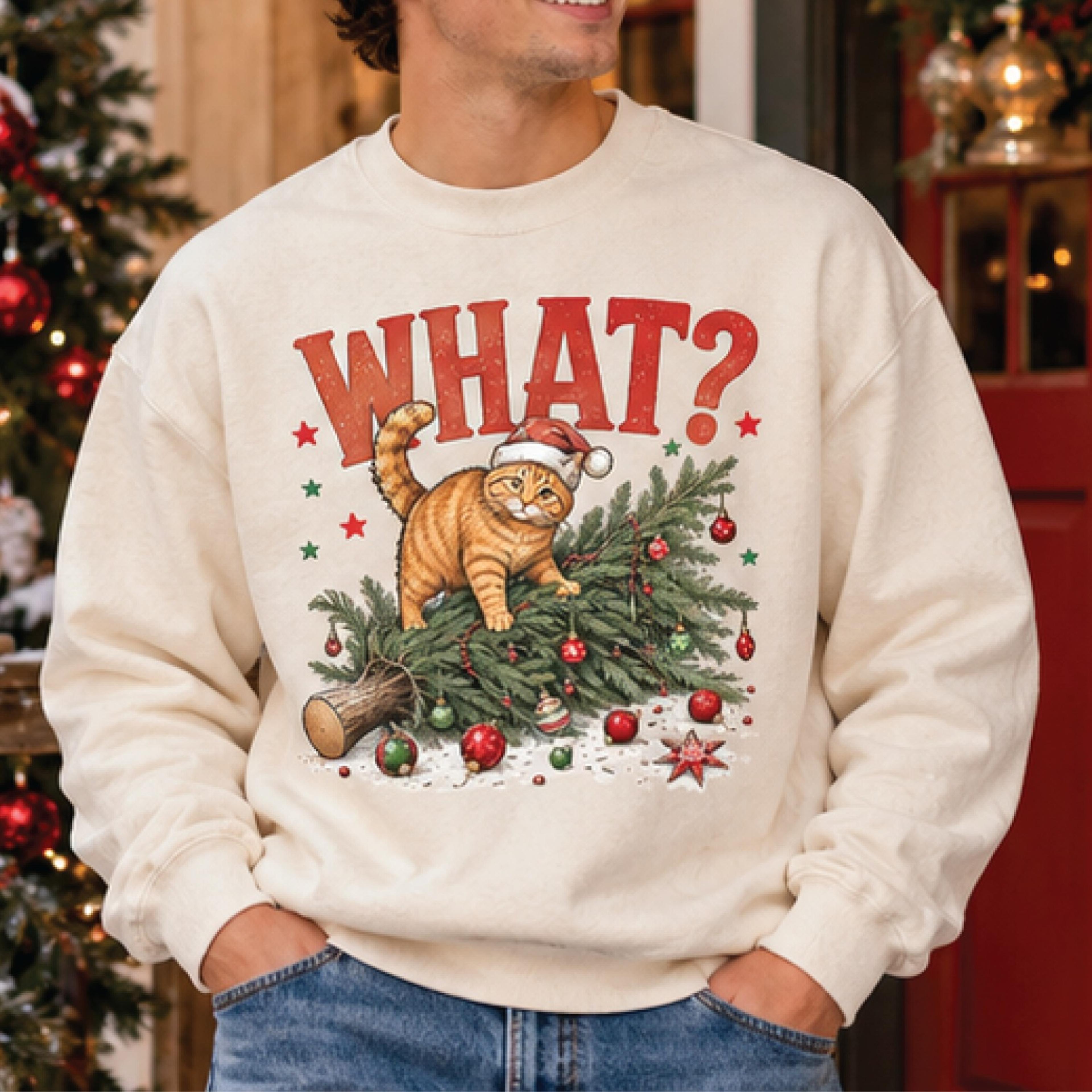 funny what christmas cat sweatshirt, retro santa cat graphic pullover, christmas tree chaos shirt, holiday gift for cat
