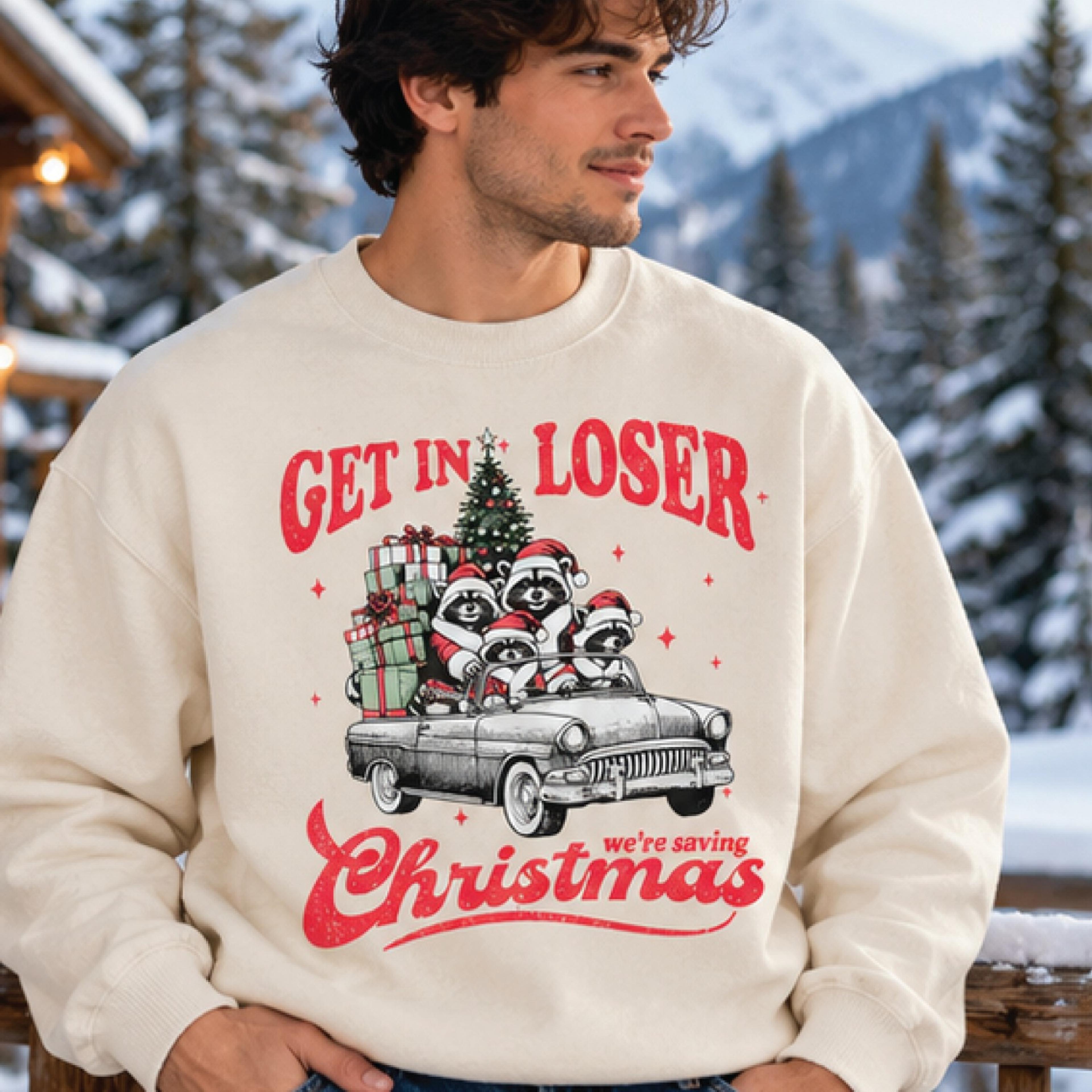 get in loser we're saving christmas sweatshirt, funny raccoon christmas graphic pullover, retro holiday gift for raccoon
