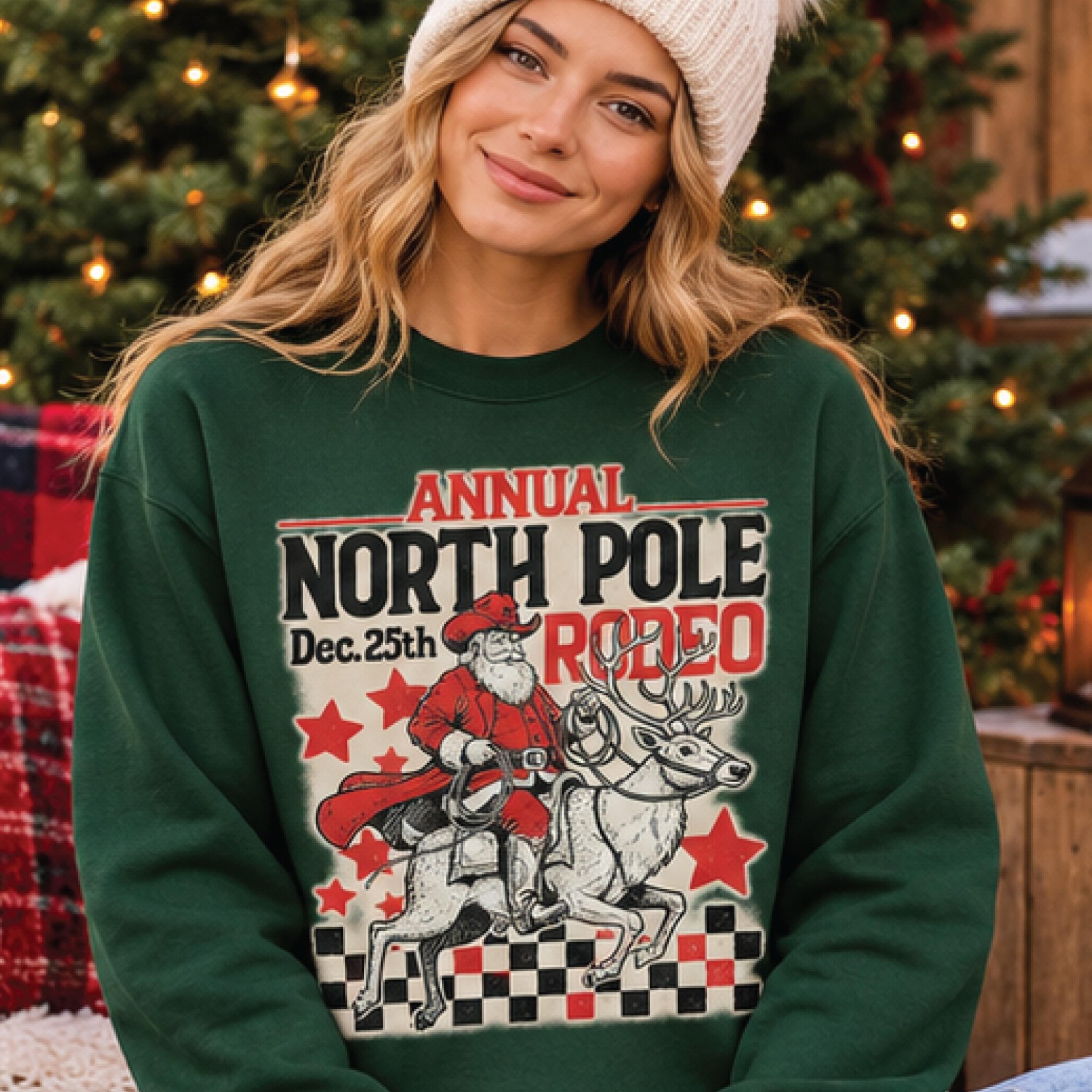 north pole rodeo christmas sweatshirt, vintage cowboy santa reindeer graphic pullover, western christmas gift for adults