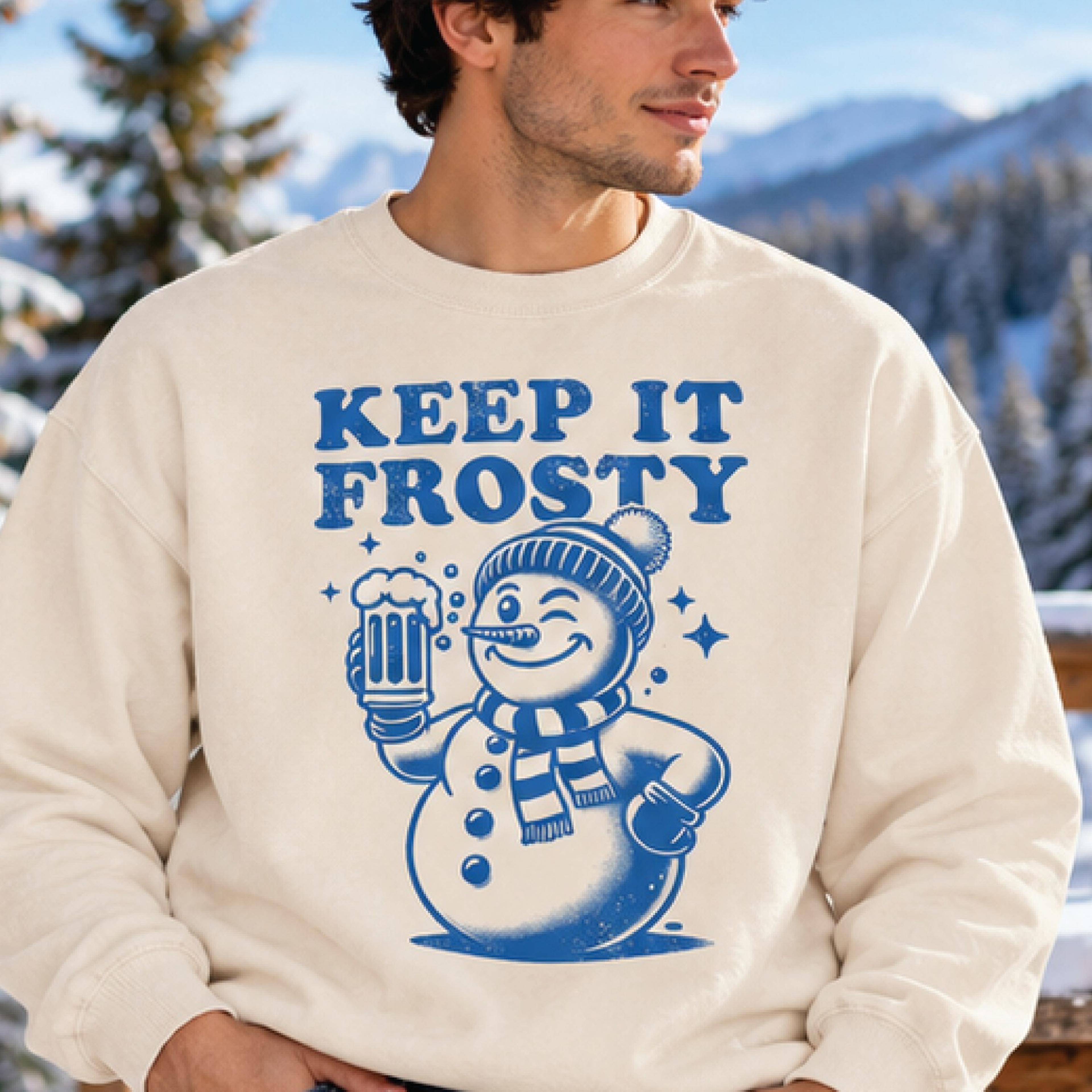 keep it frosty snowman sweatshirt, funny winter beer graphic pullover, retro snowman sweater, christmas gift for beer