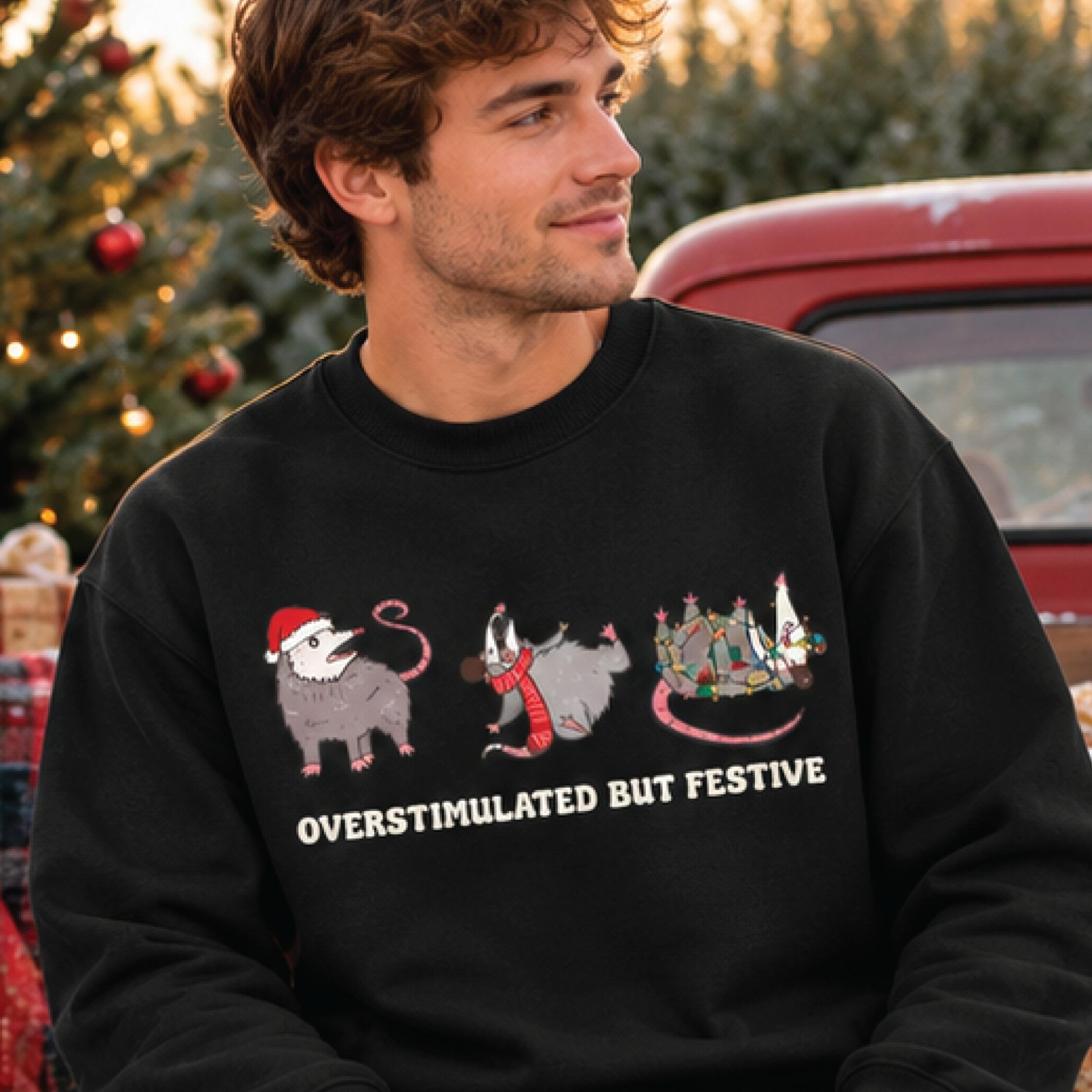 overstimulated but festive christmas sweatshirt, funny christmas opossum graphic pullover, cute possum holiday gift