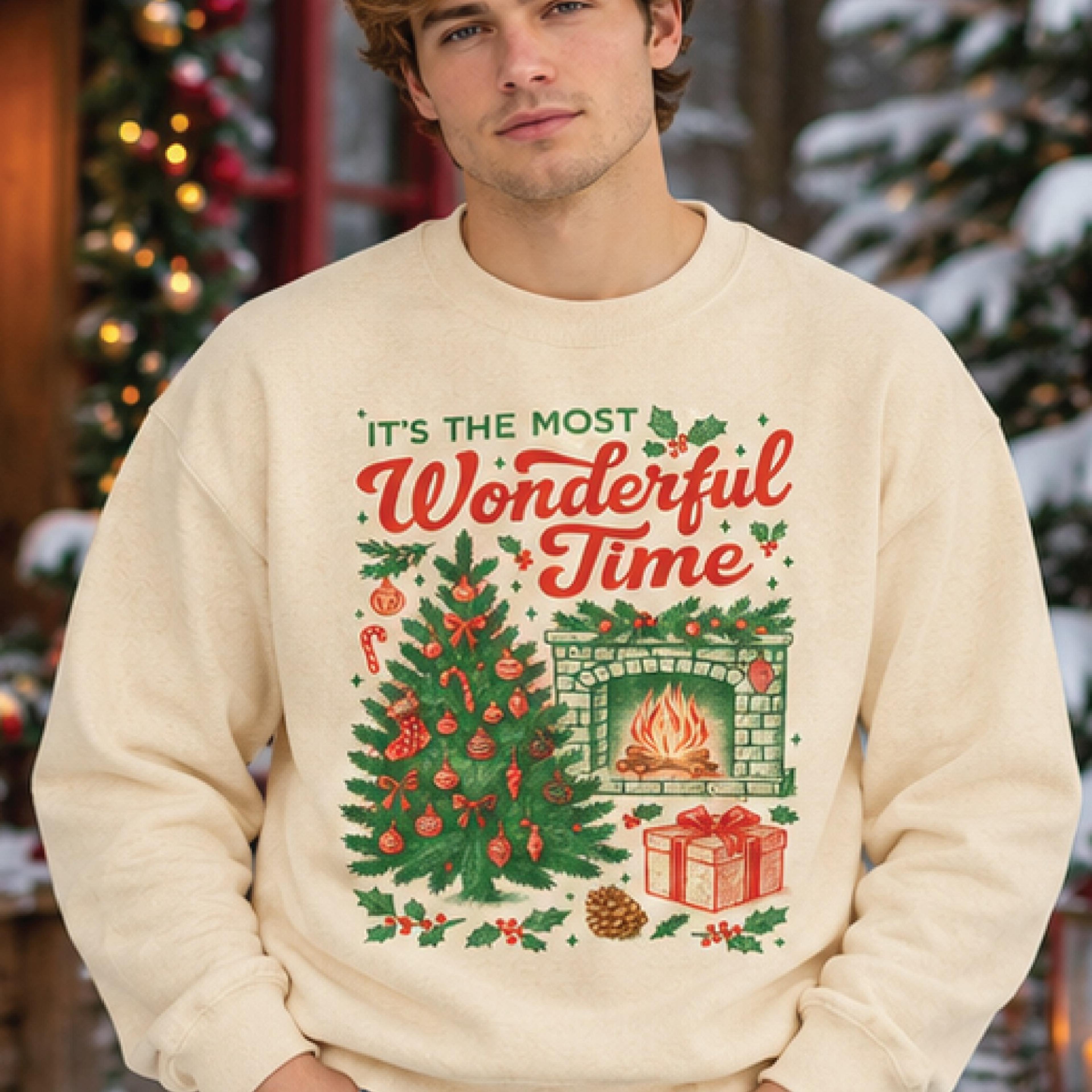 it's the most wonderful time christmas sweatshirt, vintage christmas tree fireplace graphic, retro holiday pullover gift