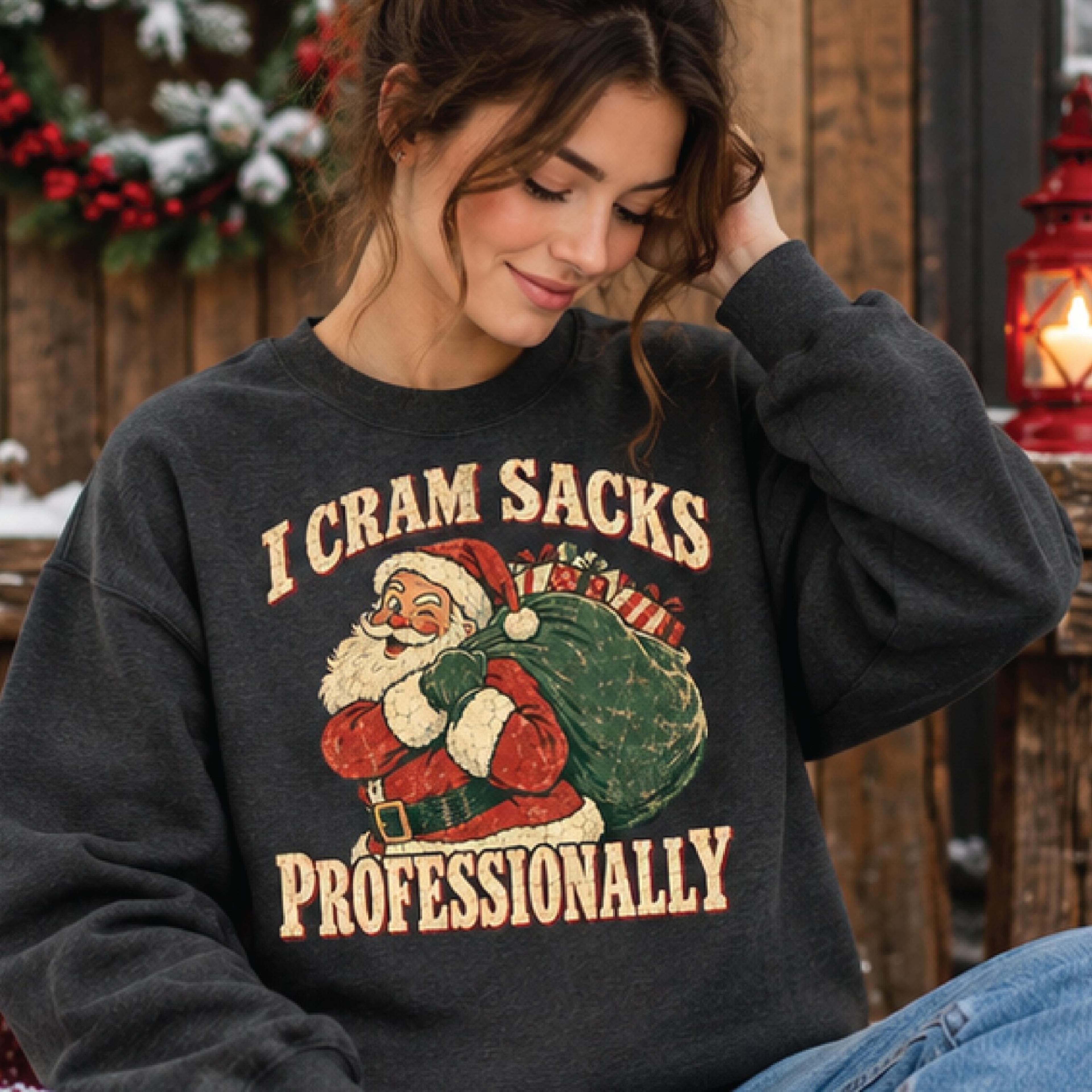 i cram sacks professionally christmas sweatshirt, funny santa crewneck, vintage naughty christmas humor gift, holiday