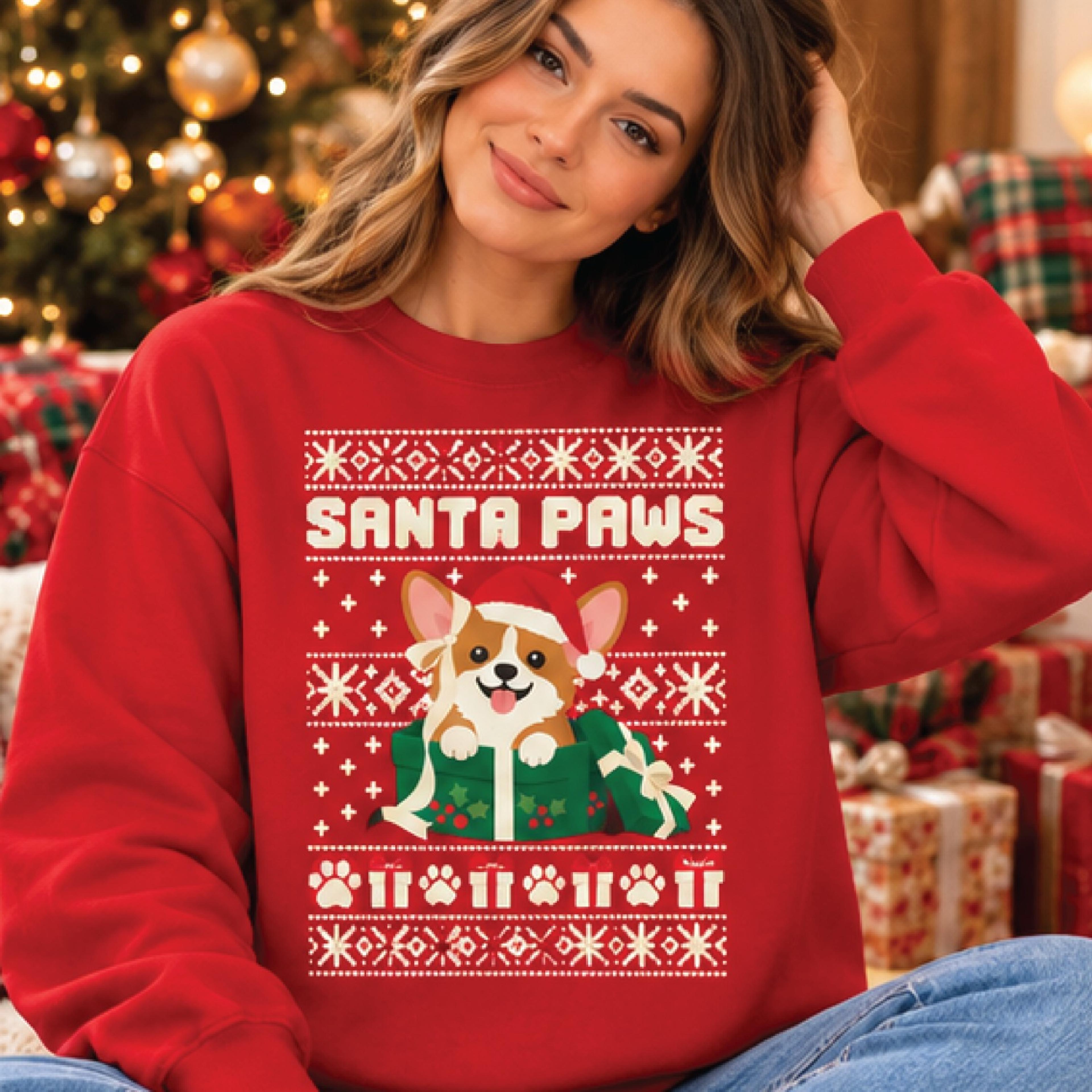 santa paws christmas sweatshirt, cute corgi dog holiday crewneck, funny xmas sweater, unisex gift for dog lovers