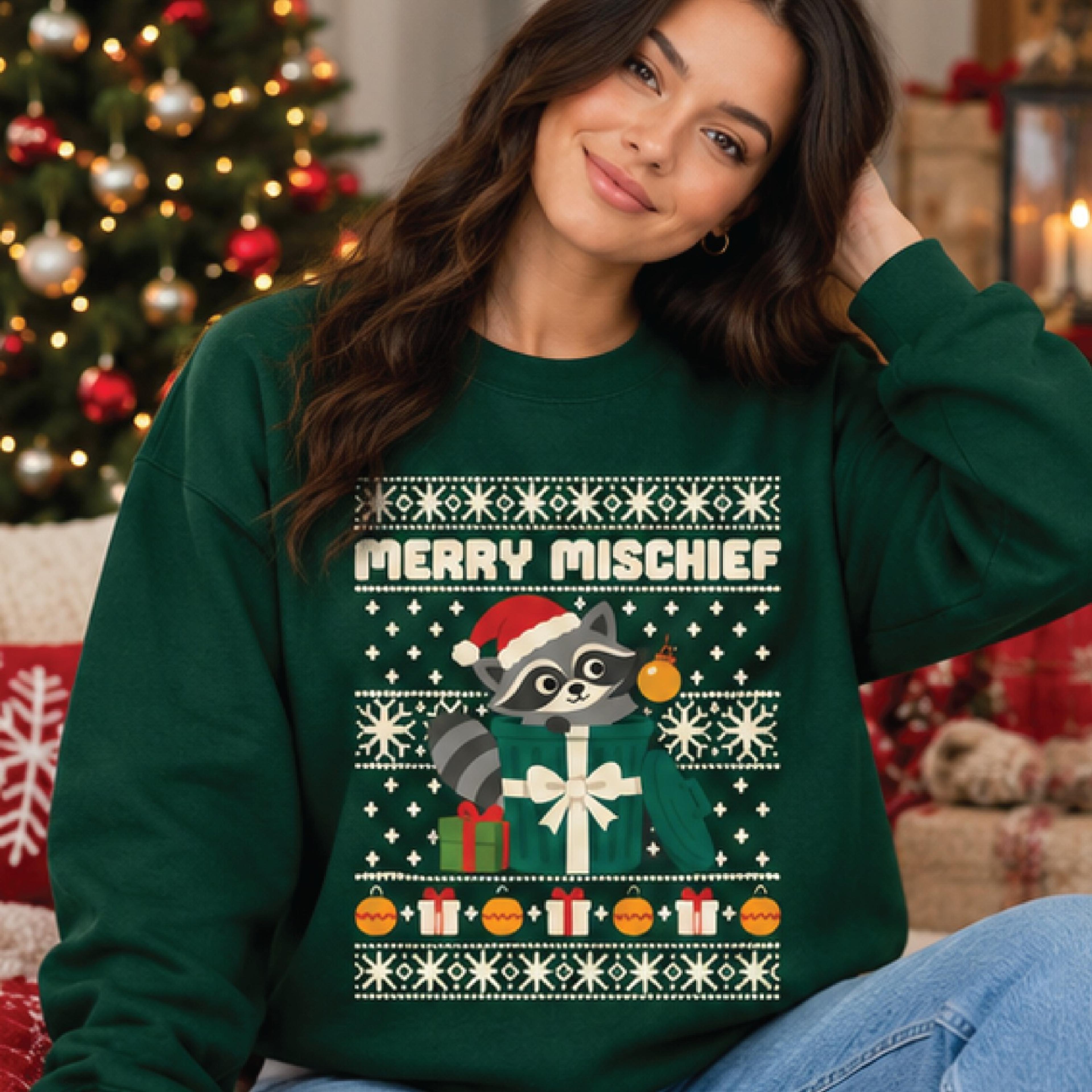 merry mischief christmas sweatshirt, cute raccoon holiday crewneck, funny xmas sweater, unisex gift for raccoon