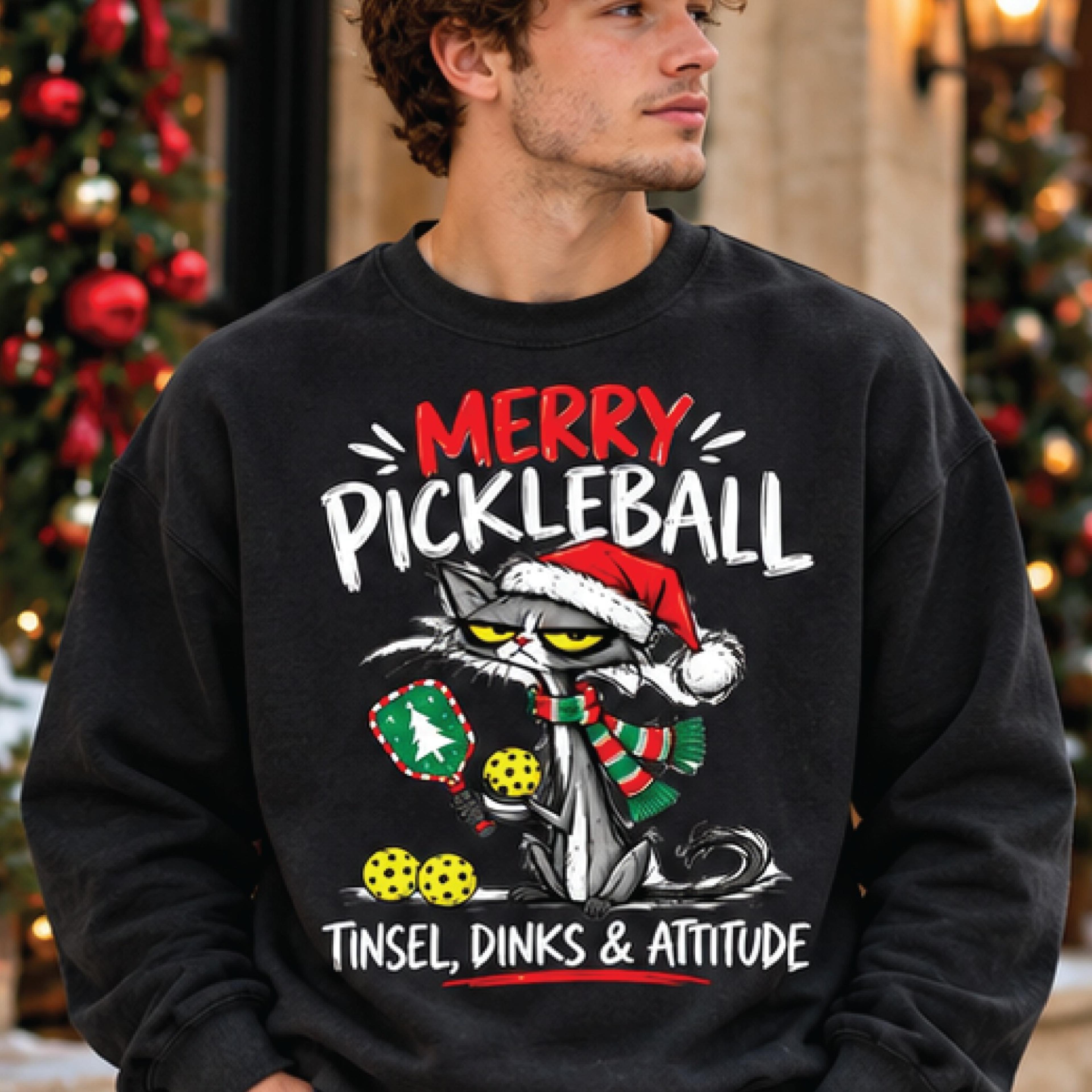 merry pickleball christmas sweatshirt, funny grumpy cat santa crewneck, tinsel dinks & attitude, unisex pickleball gift