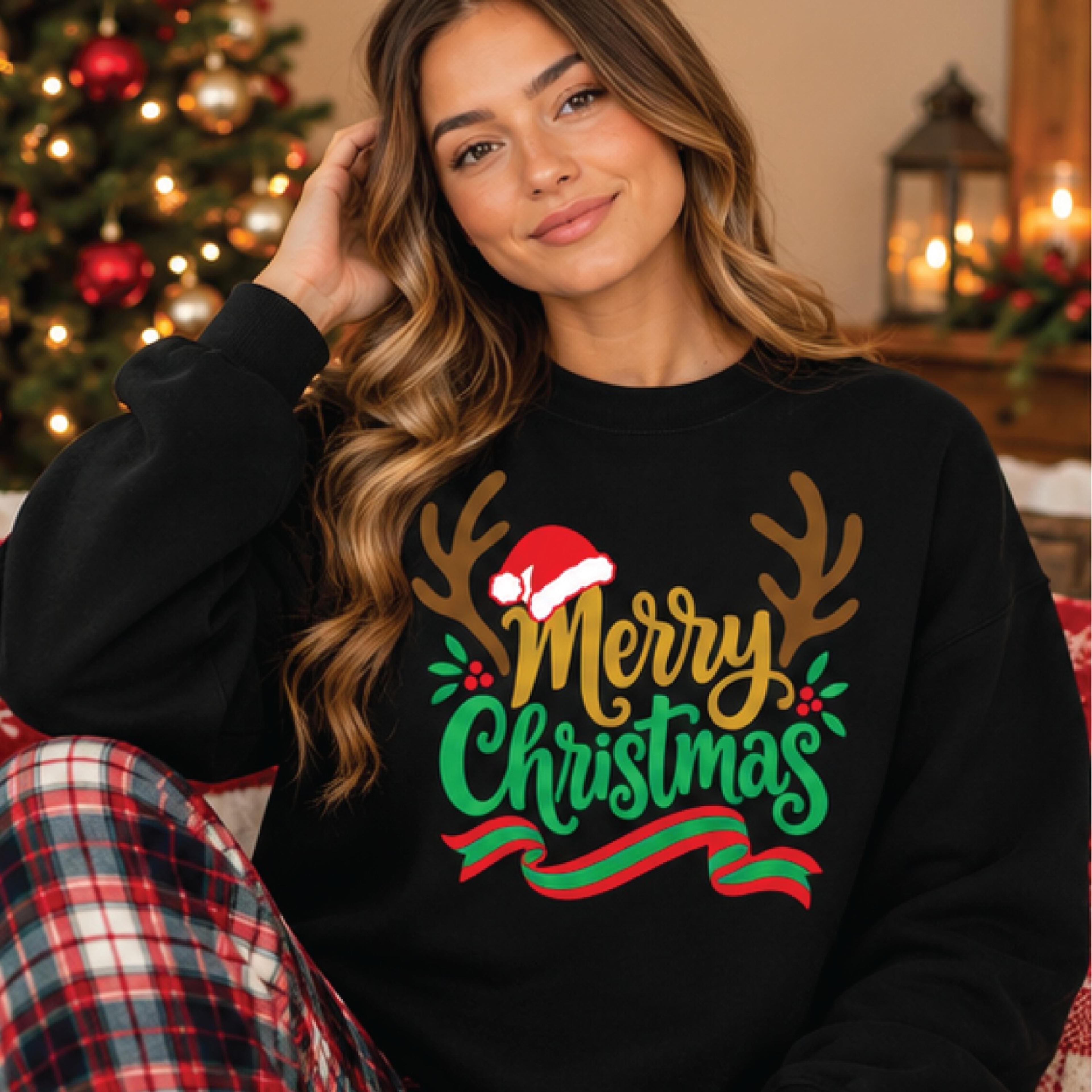 merry christmas sweatshirt, festive reindeer antlers holiday crewneck, cute santa hat christmas gift, unisex xmas