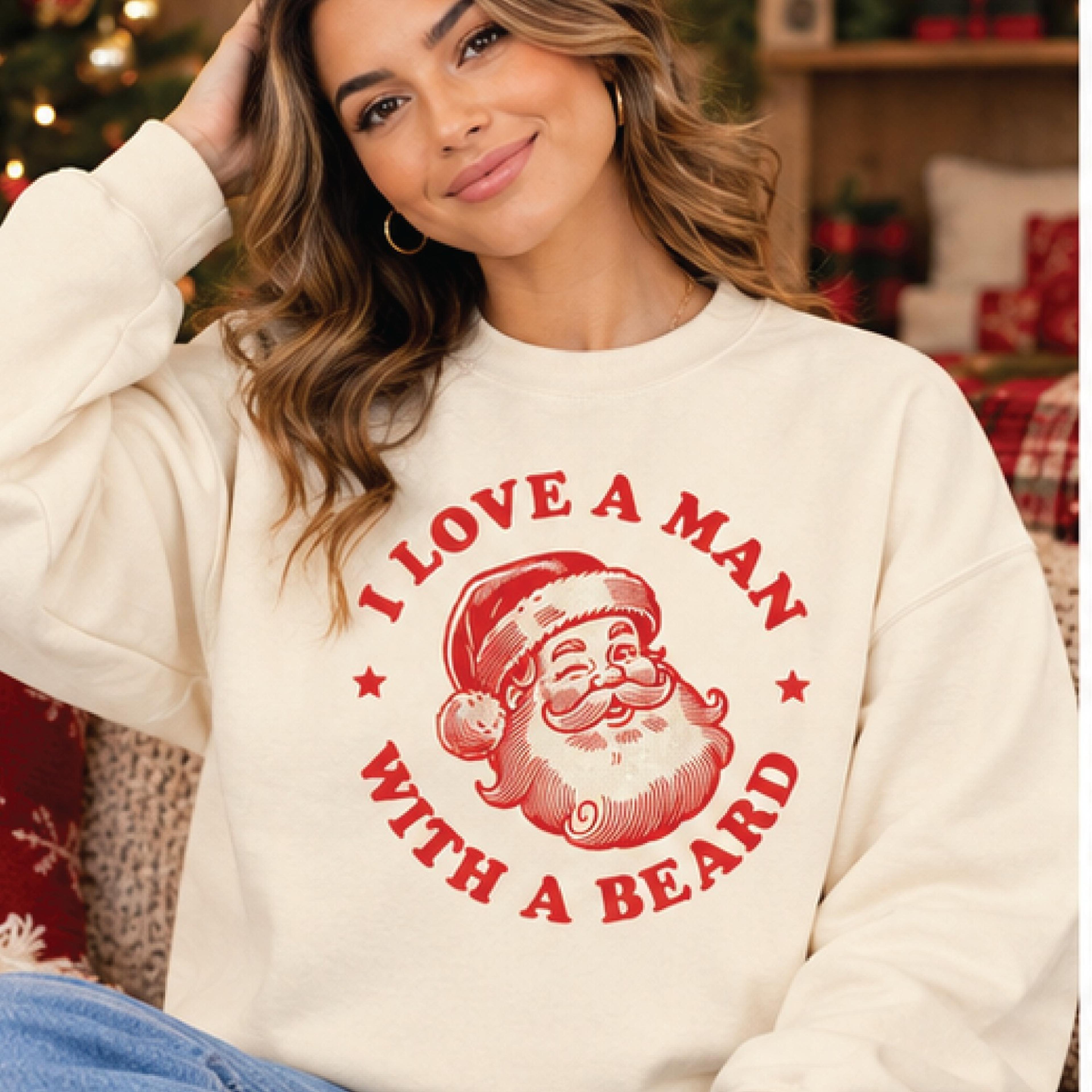 i love a man with a beard sweatshirt, funny santa christmas crewneck, retro santa claus sweater, unisex holiday gift