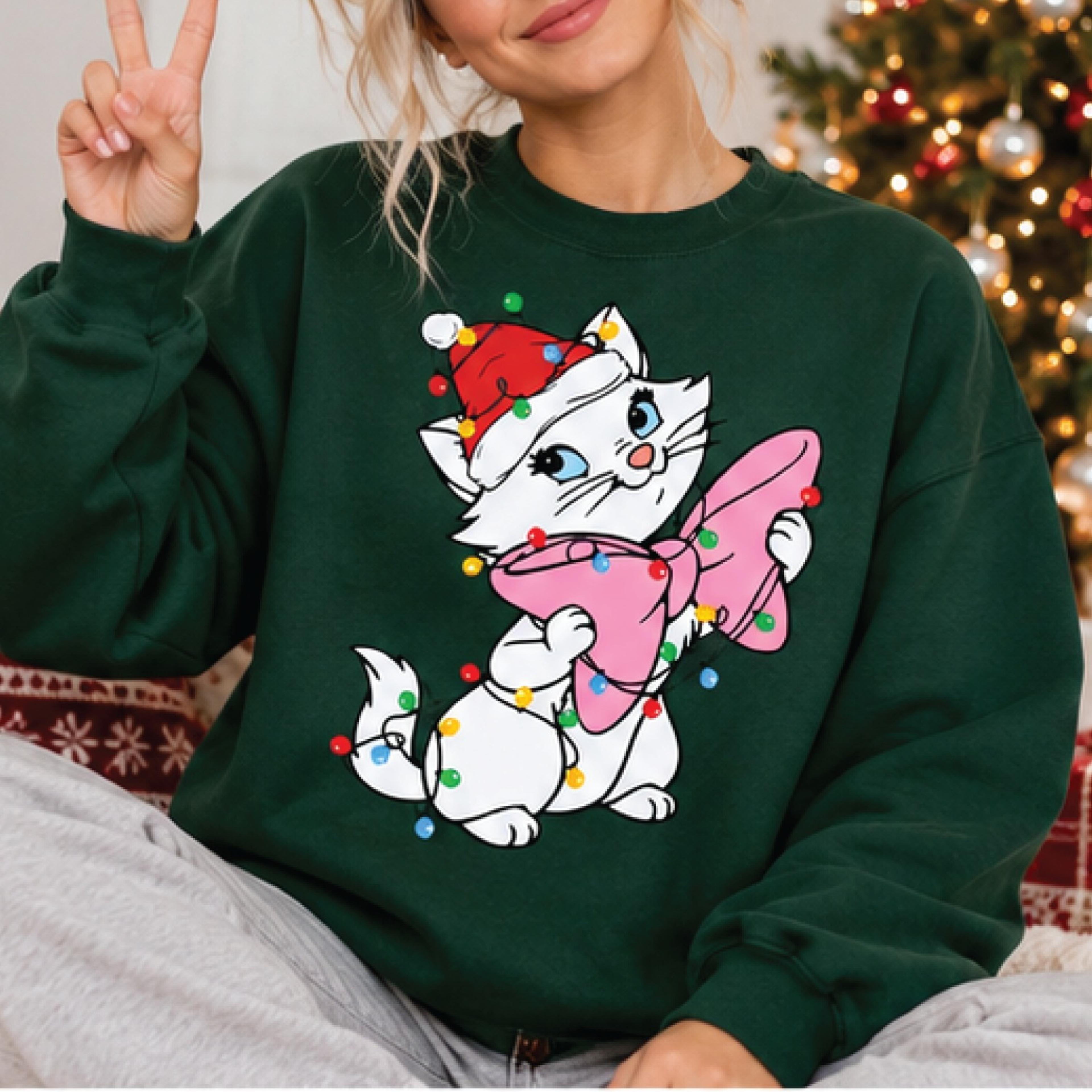cute christmas cat sweatshirt, coquette santa kitty sweater, christmas lights cat pullover, holiday cat lover gift