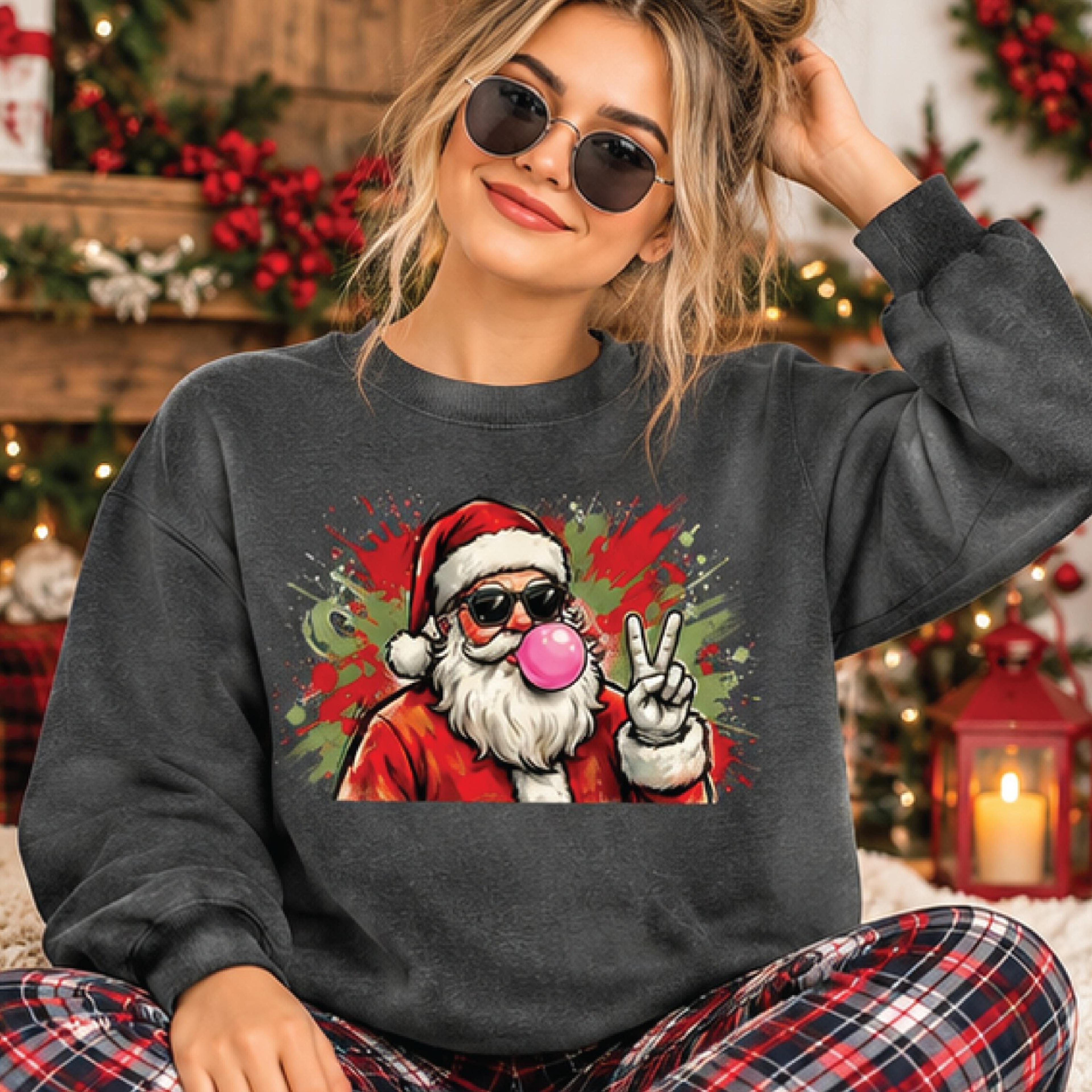 retro santa claus sweatshirt, funny bubblegum santa christmas sweater, cool santa graphic pullover, vintage holiday gift