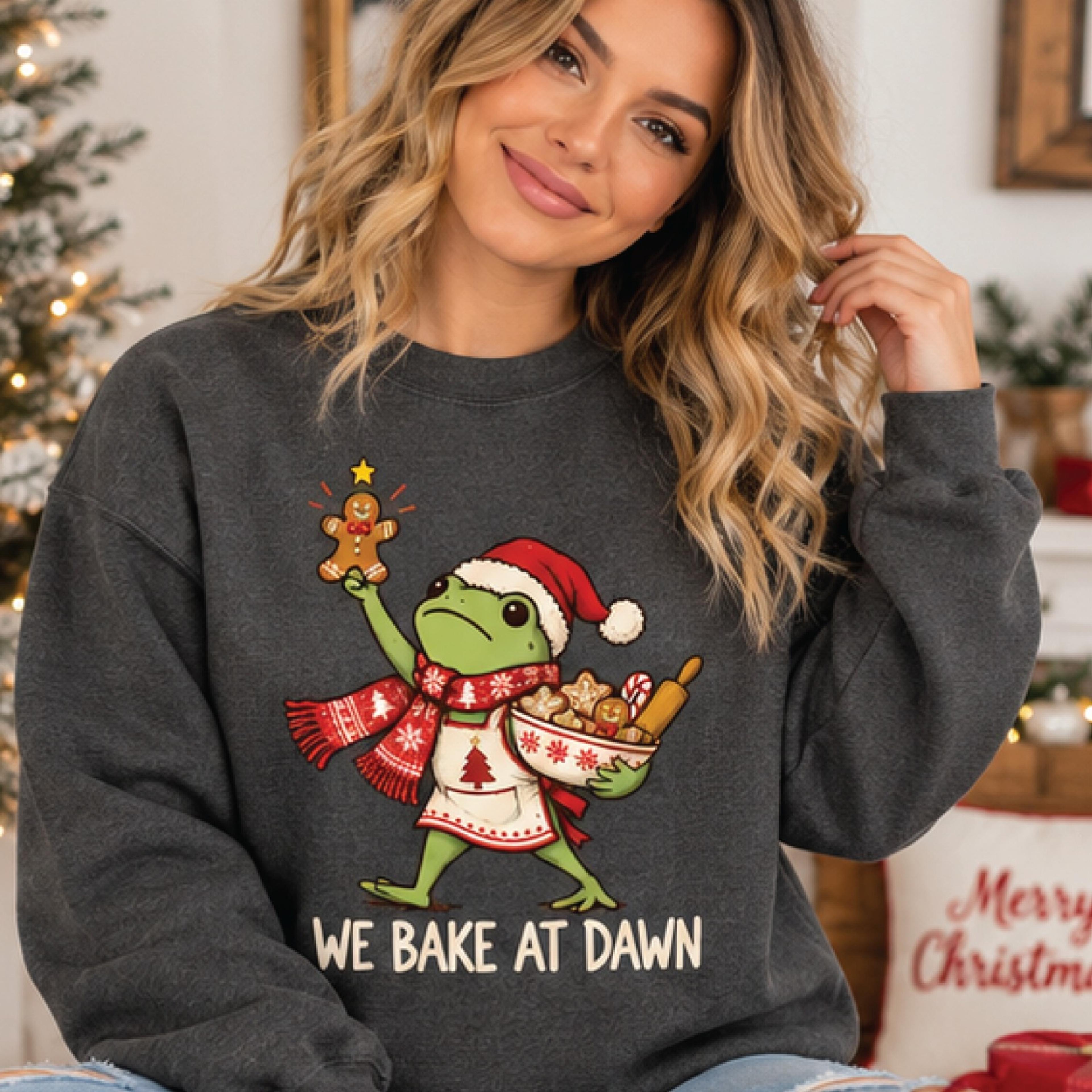 funny christmas frog sweatshirt, we bake at dawn gingerbread frog sweater, cute holiday baking pullover, christmas baker