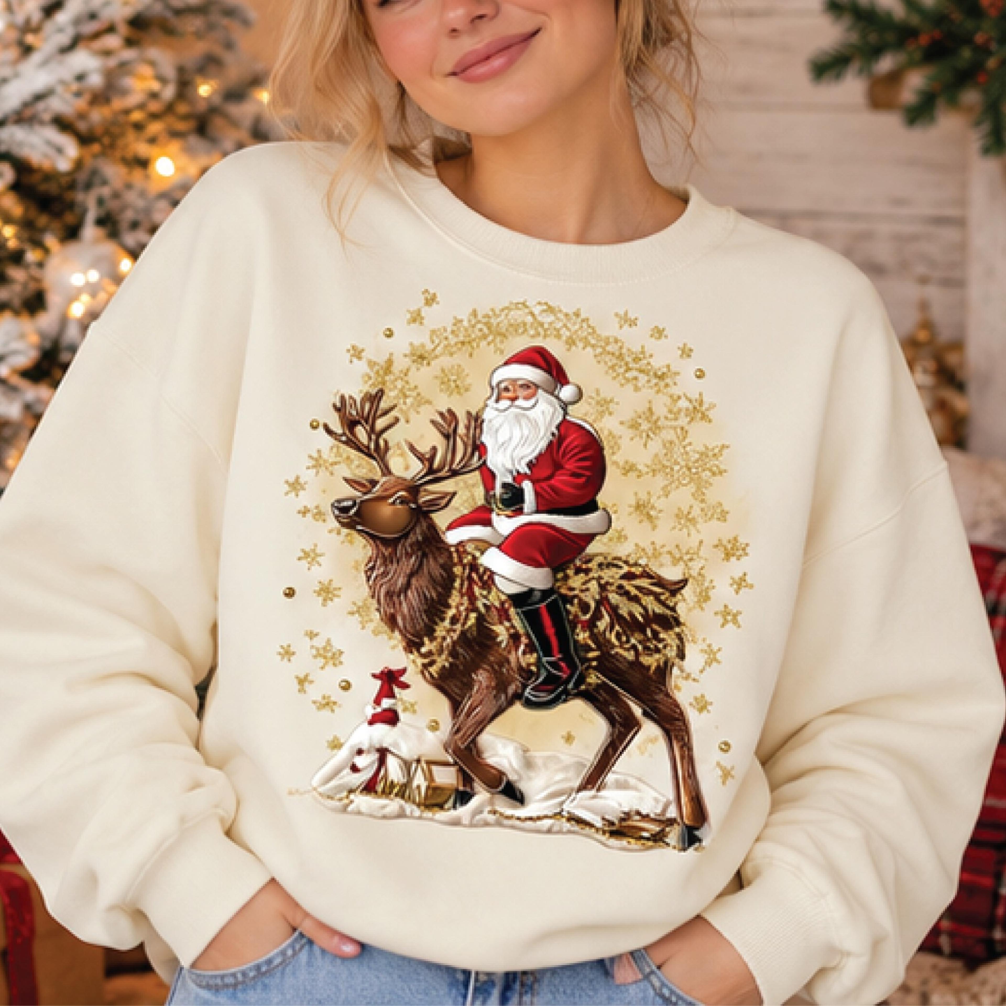 vintage santa claus christmas sweatshirt, santa riding reindeer sweater, retro winter holiday pullover, festive xmas