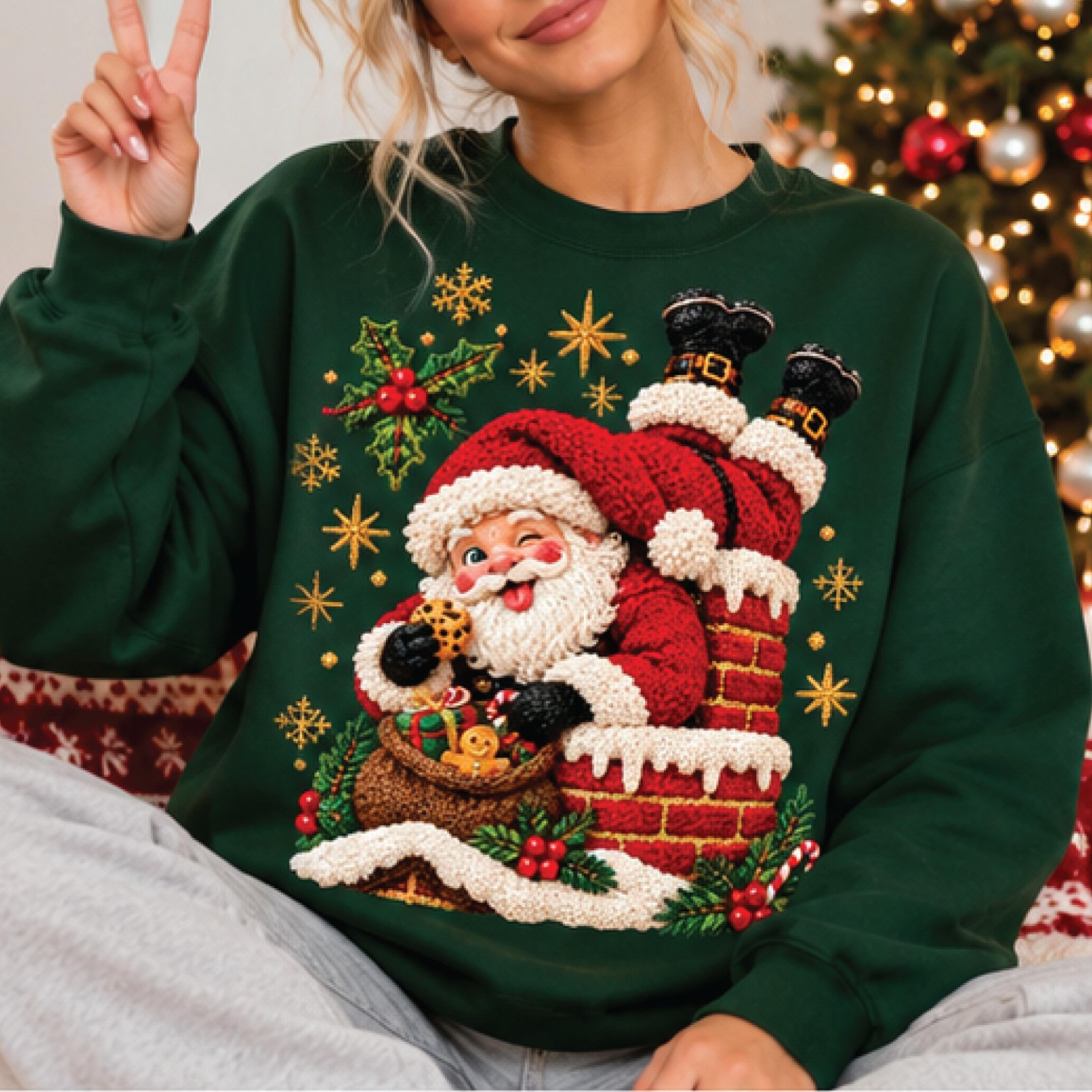 funny santa chimney christmas sweatshirt, retro santa claus holiday sweater, cute christmas graphic pullover, xmas gift