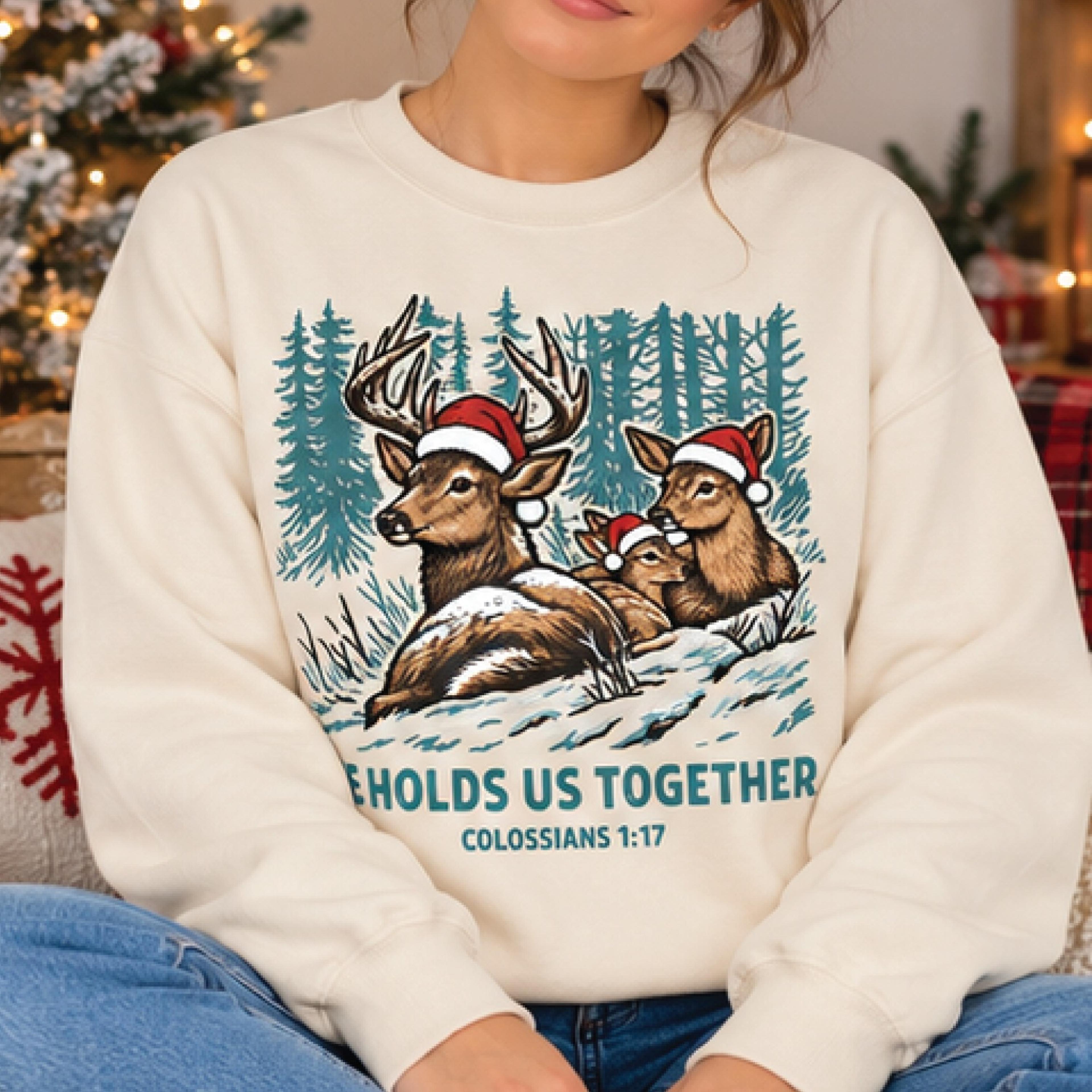 christian christmas sweatshirt, he holds us together colossians 1:17 sweater, santa deer family holiday pullover, faith