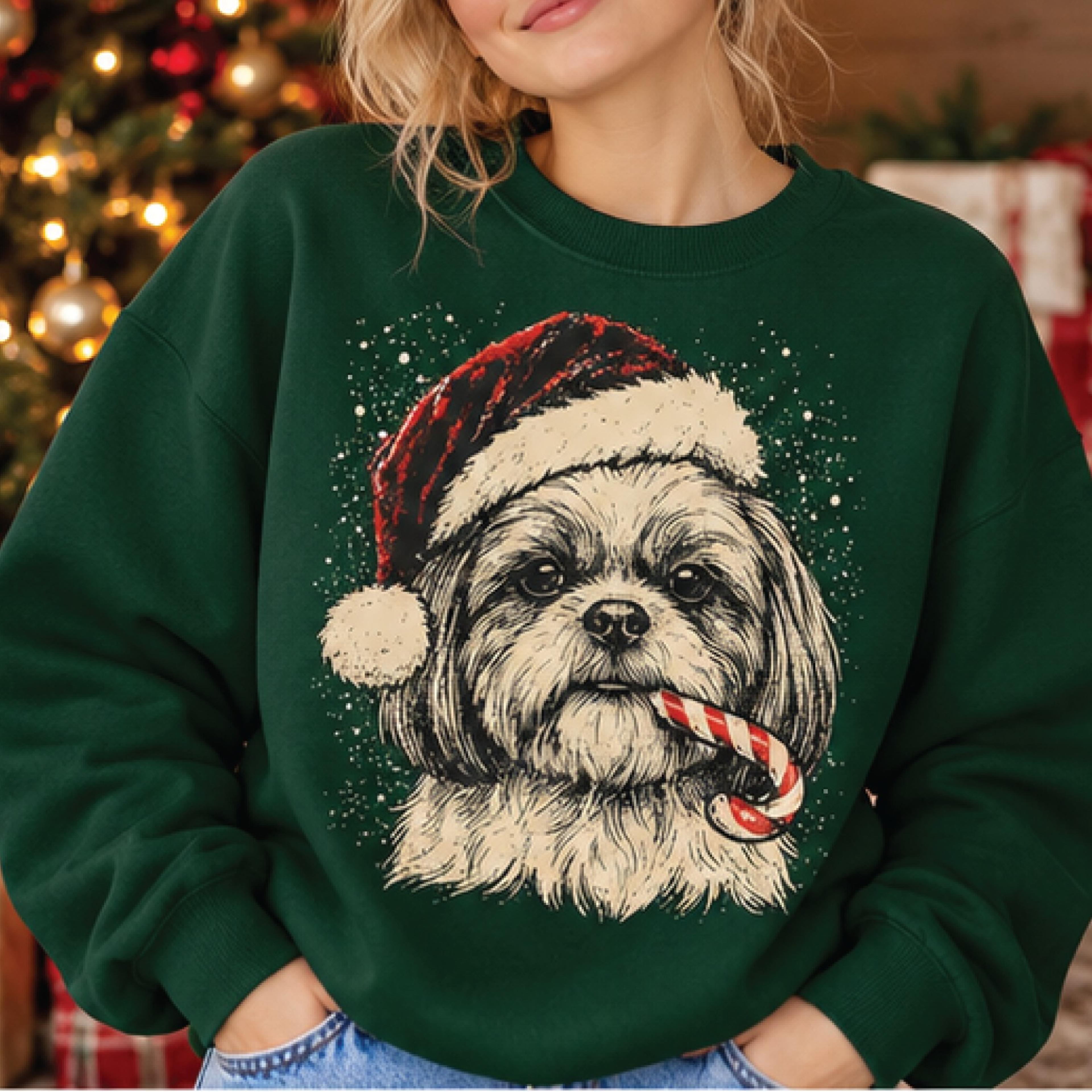 christmas shih tzu sweatshirt, cute santa hat dog sweater, vintage puppy candy cane holiday pullover, dog mom christmas