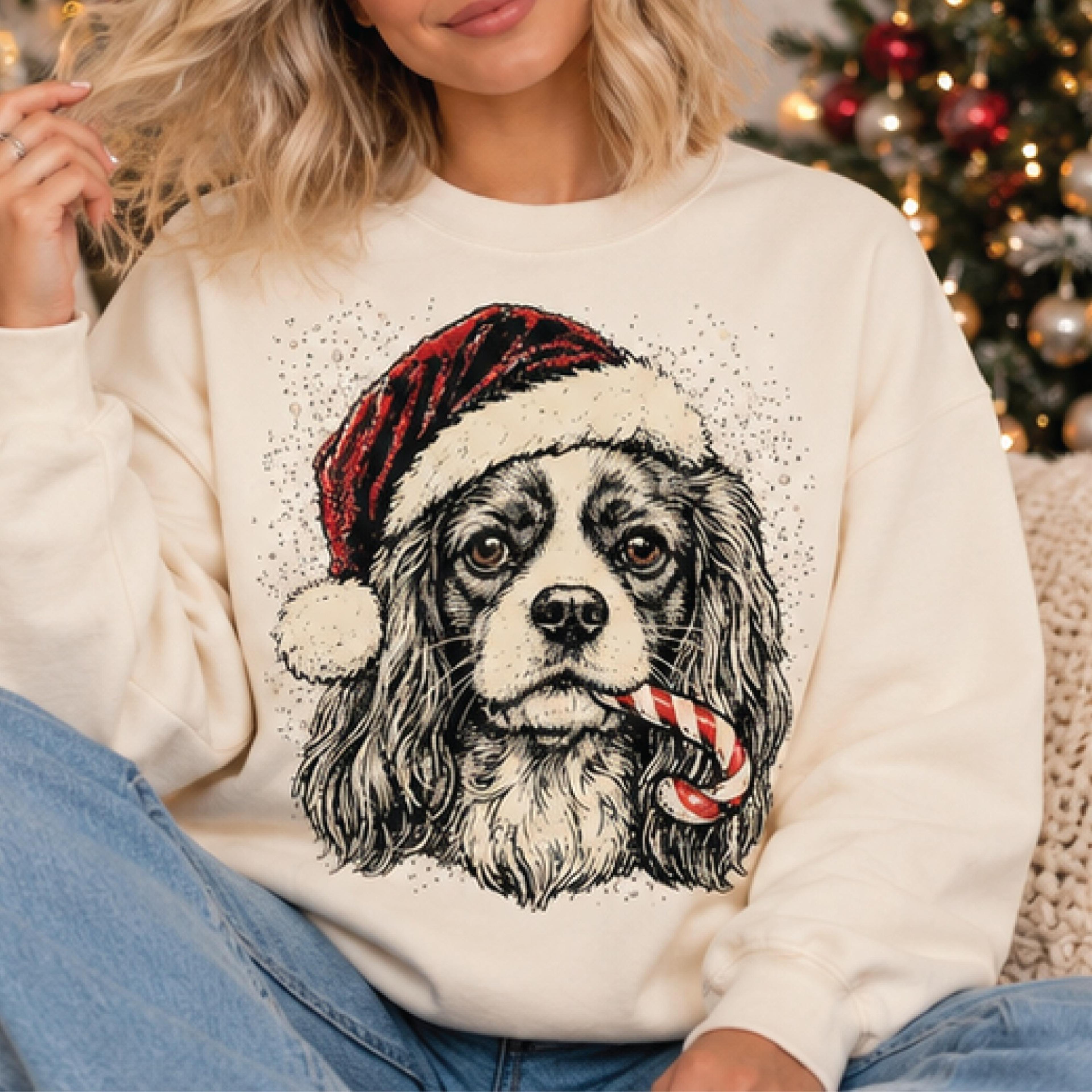 christmas cavalier king charles spaniel sweatshirt, cute santa dog sweater, vintage puppy holiday pullover, dog mom gift