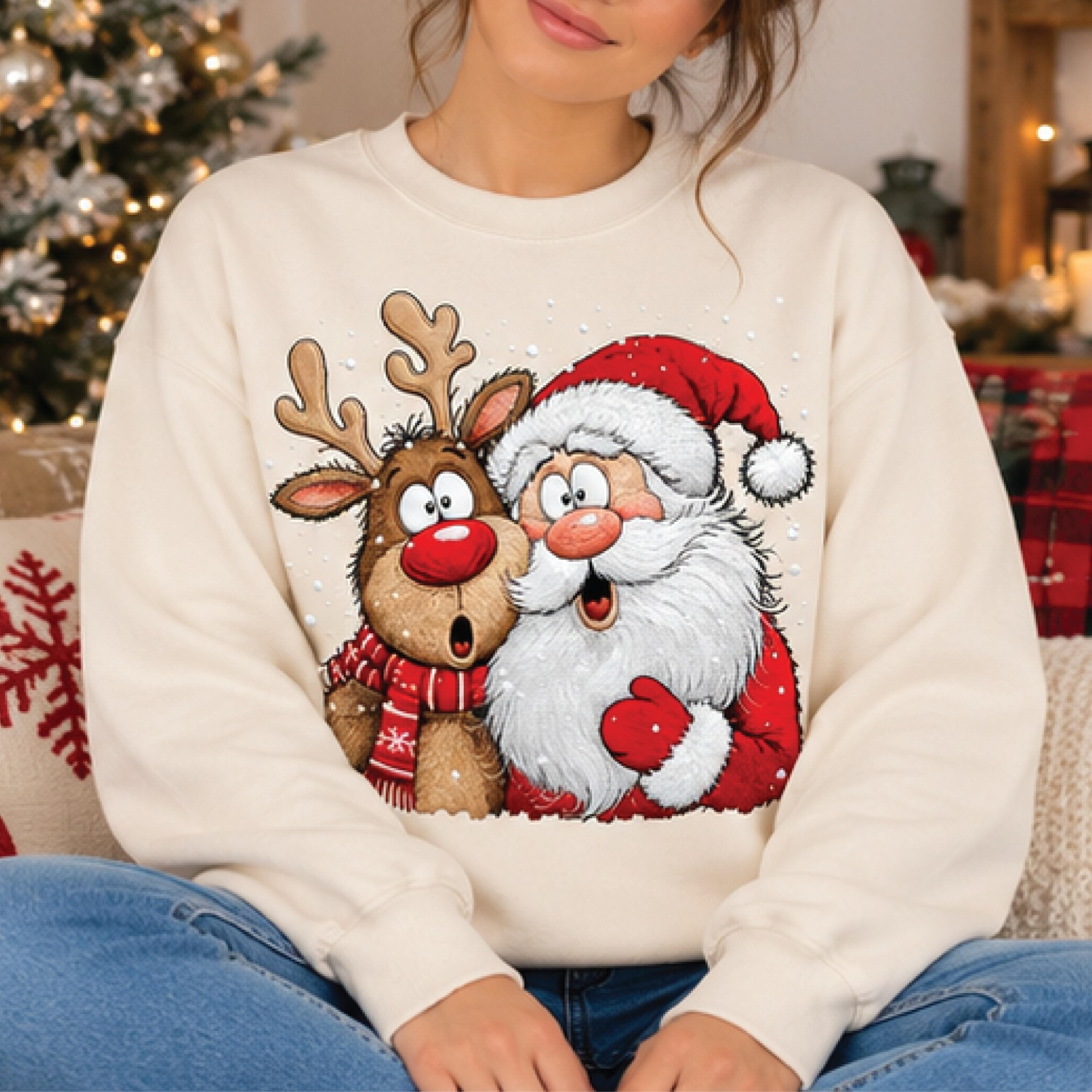 funny santa and reindeer christmas sweatshirt, cute cartoon holiday sweater, festive winter pullover, christmas gift