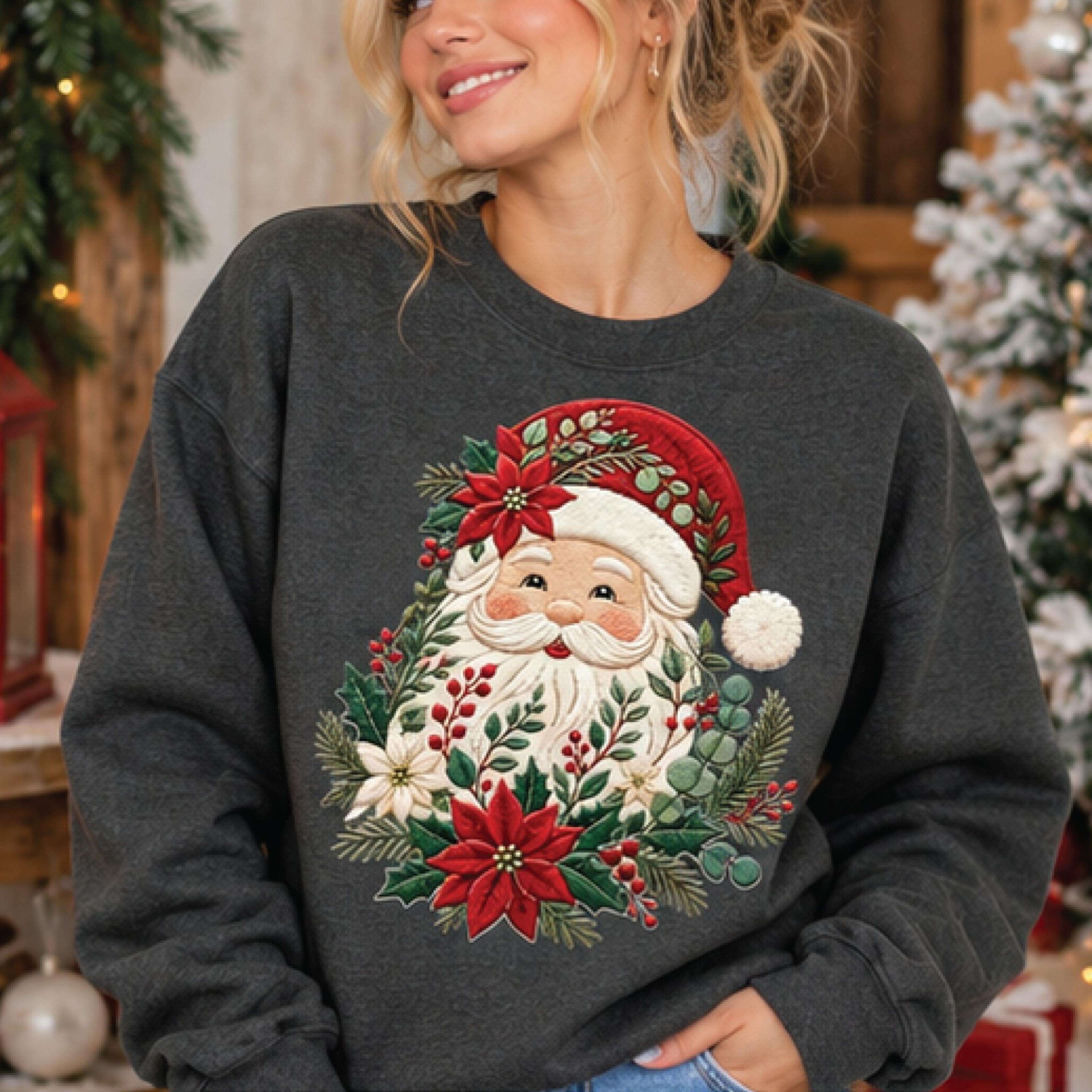vintage santa christmas sweatshirt, floral santa claus sweater, poinsettia holiday pullover, retro christmas gift