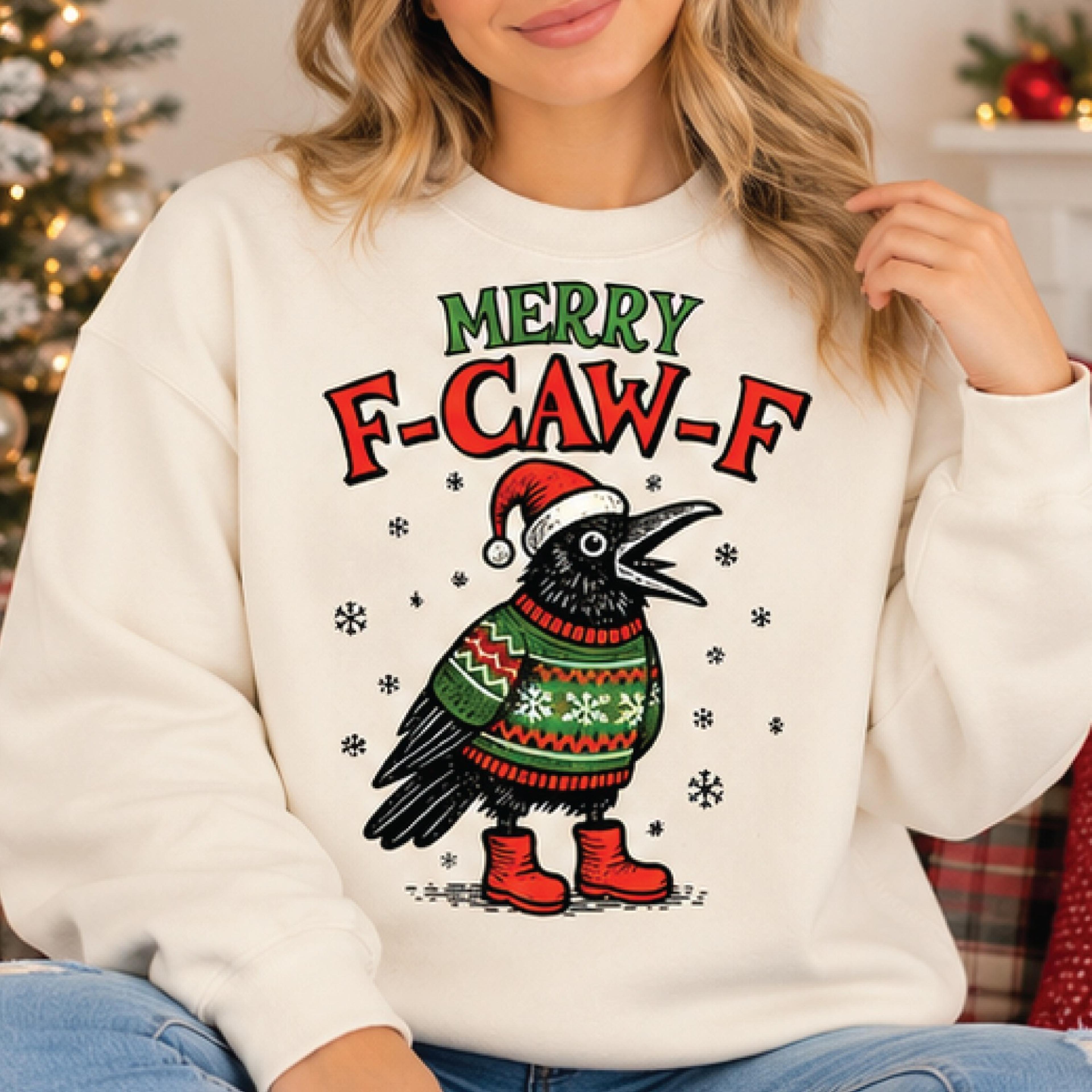 merry f-caw-f christmas sweatshirt, funny crow christmas sweater, festive raven holiday shirt, bird lover gift, xmas