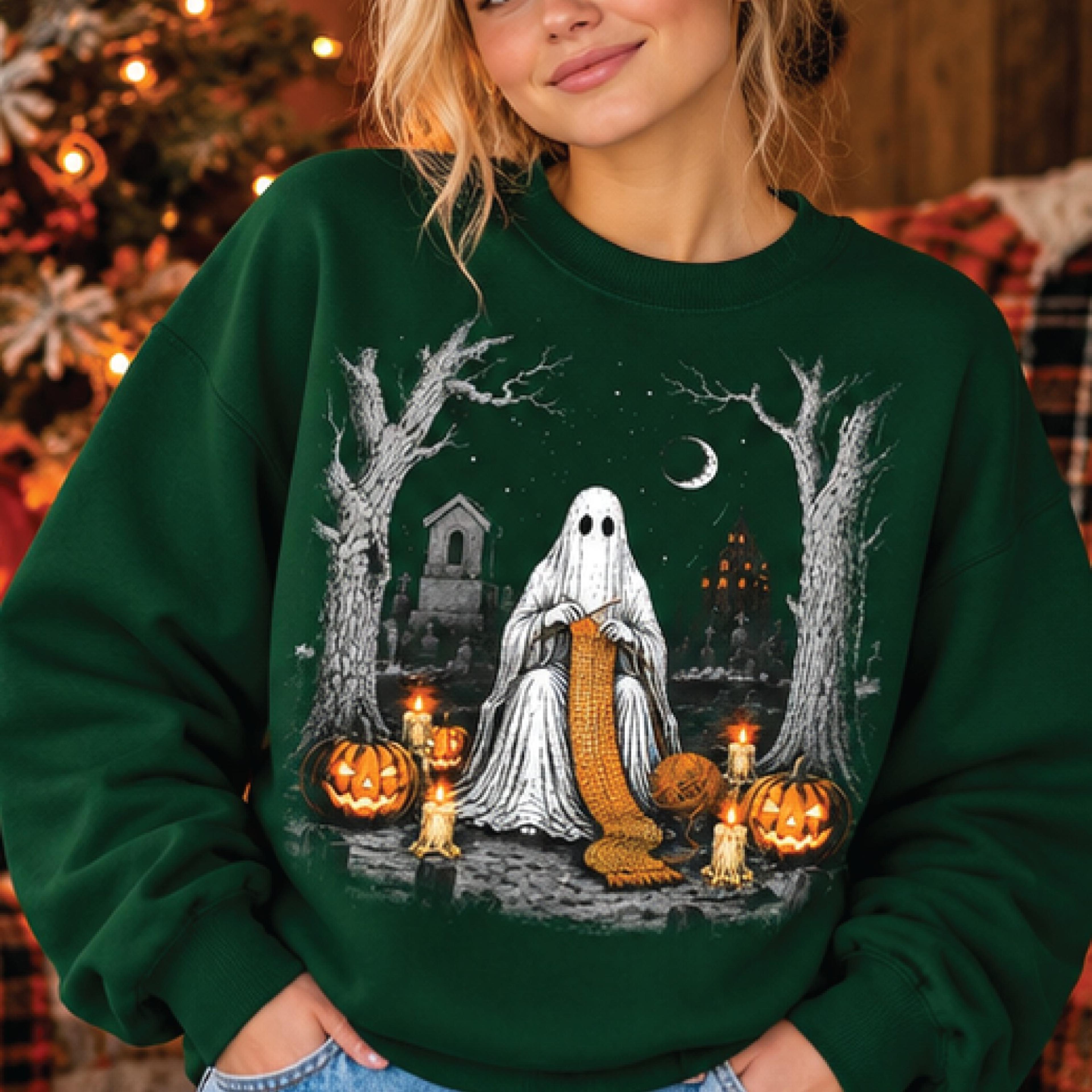 ghost knitting halloween sweatshirt, spooky crochet ghost sweater, vintage gothic halloween pullover, knitter gift