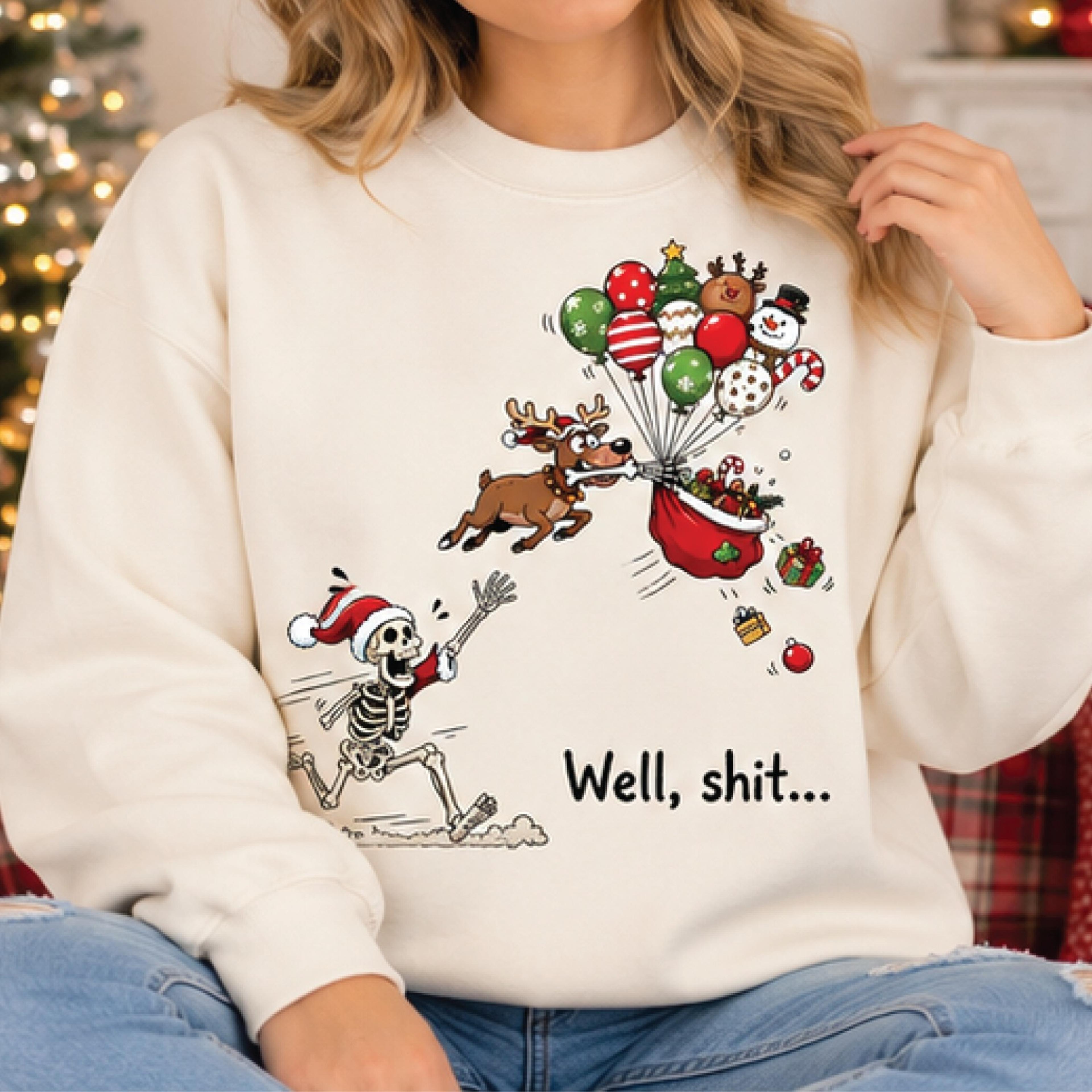 well shit christmas sweatshirt, funny skeleton santa holiday sweater, reindeer balloon christmas graphic pullover