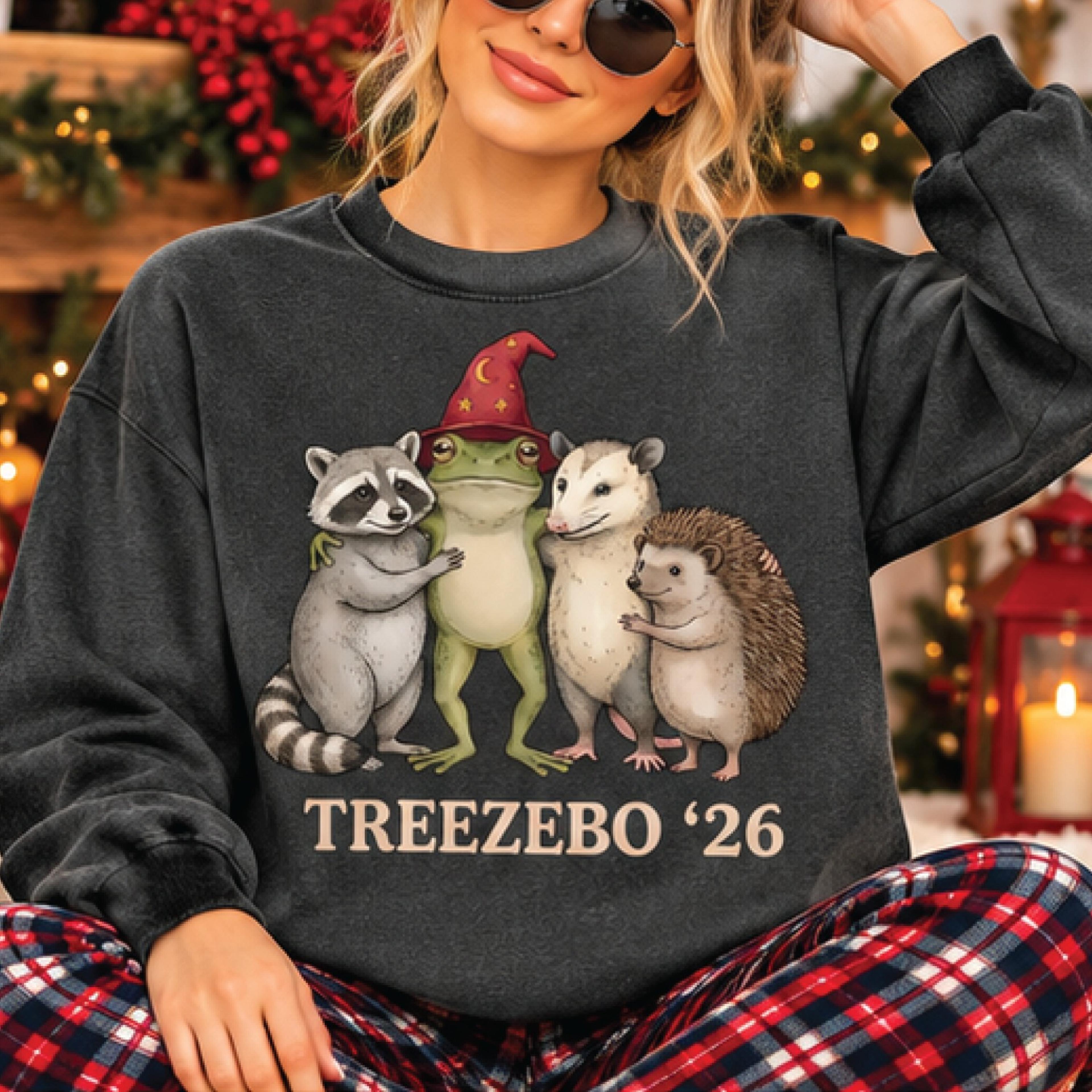 treezebo 26 sweatshirt, funny woodland animal graphic sweater, frog raccoon opossum hedgehog friendship pullover