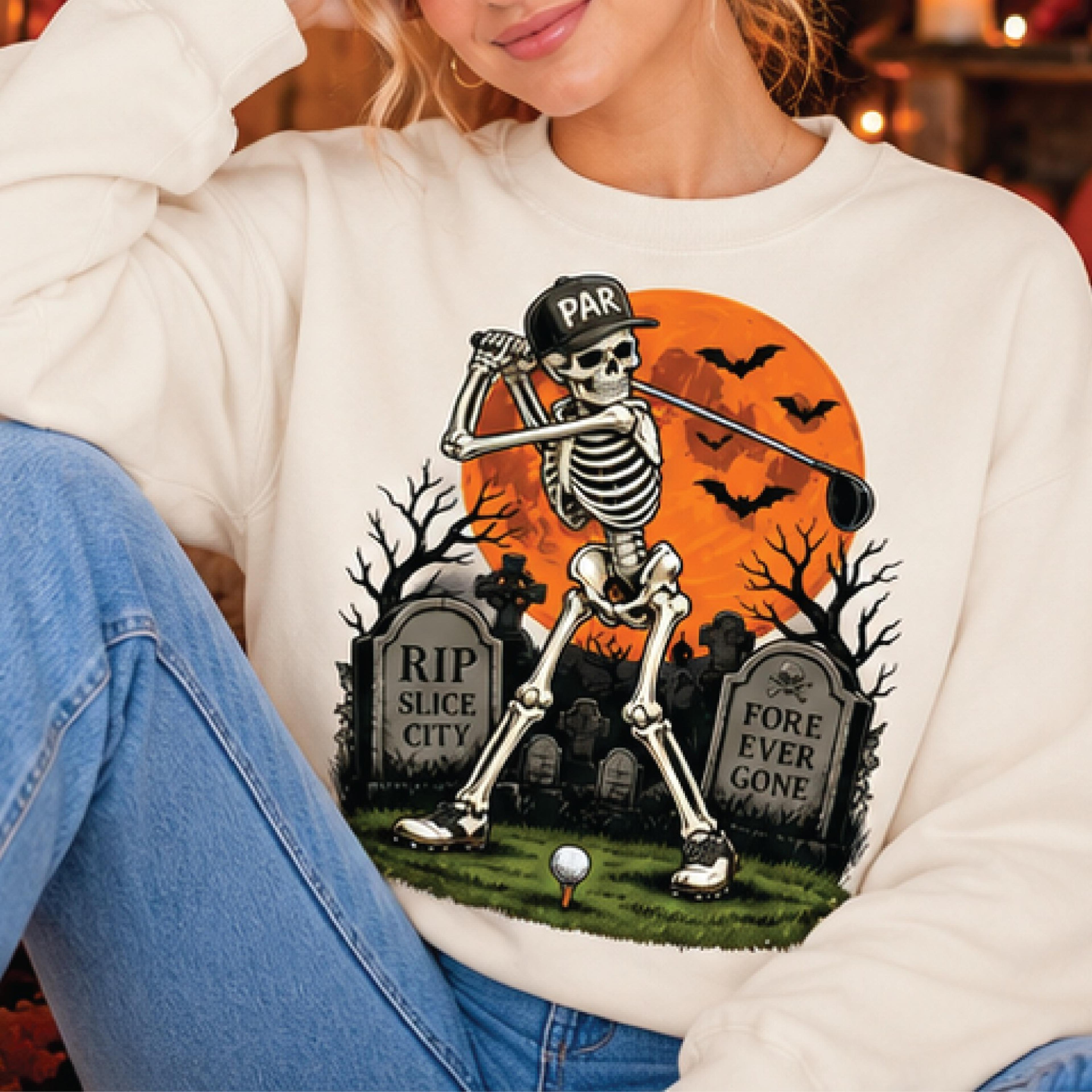 halloween golf skeleton sweatshirt, funny skeleton golfer graphic pullover, spooky golf lover gift, retro halloween golf