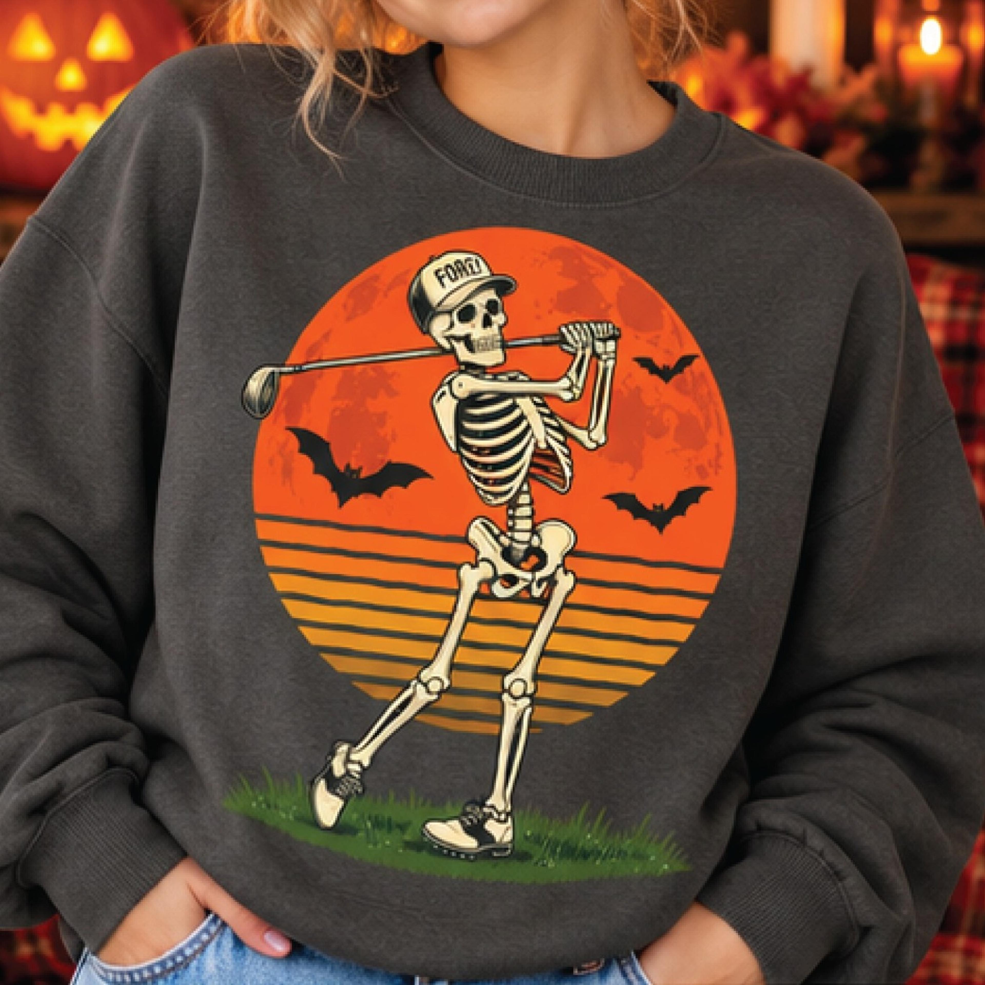retro halloween golf skeleton sweatshirt, funny skeleton golfer graphic pullover, spooky golf lover gift, vintage golf