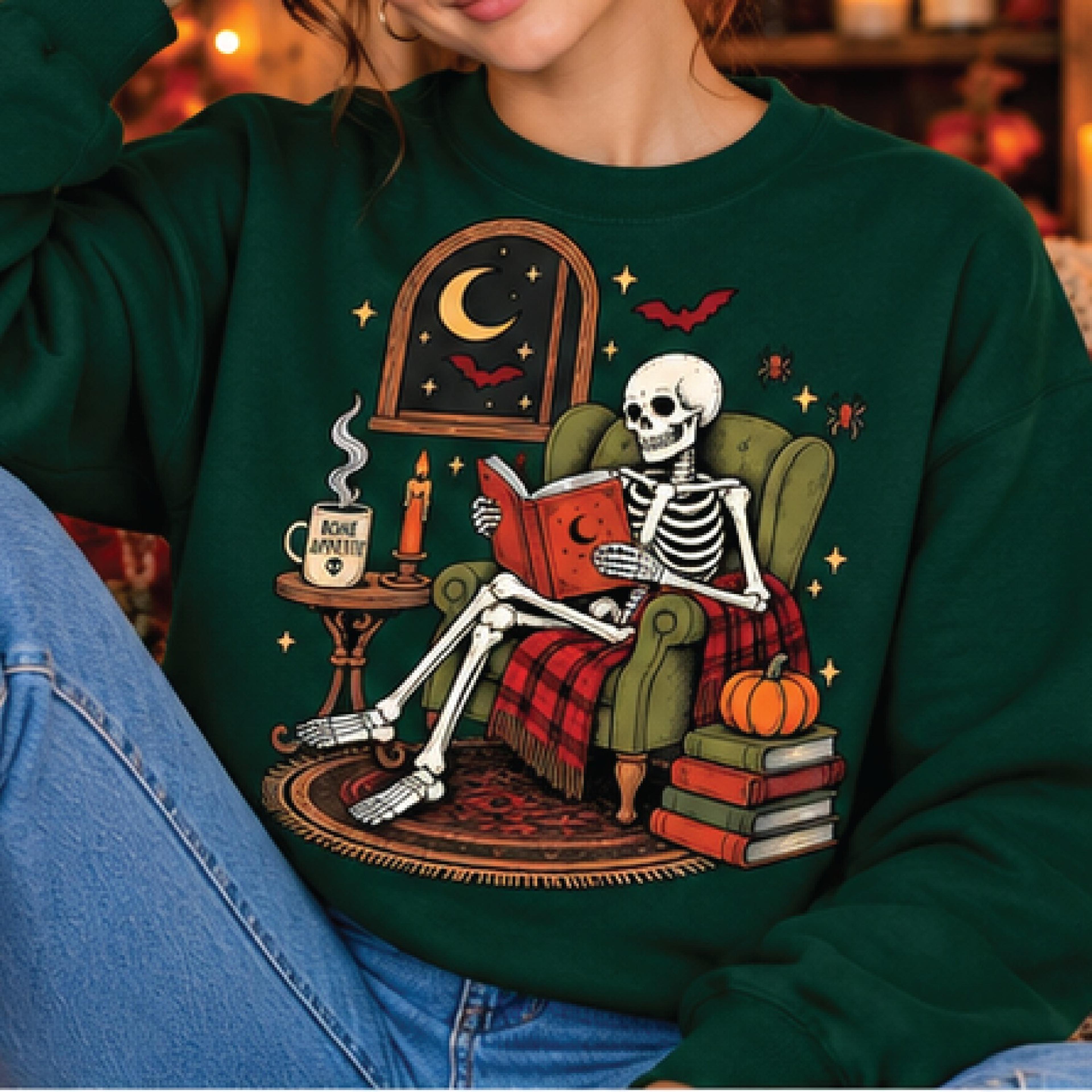 cozy skeleton reading sweatshirt, spooky book lover halloween pullover, vintage fall reader graphic, librarian gift