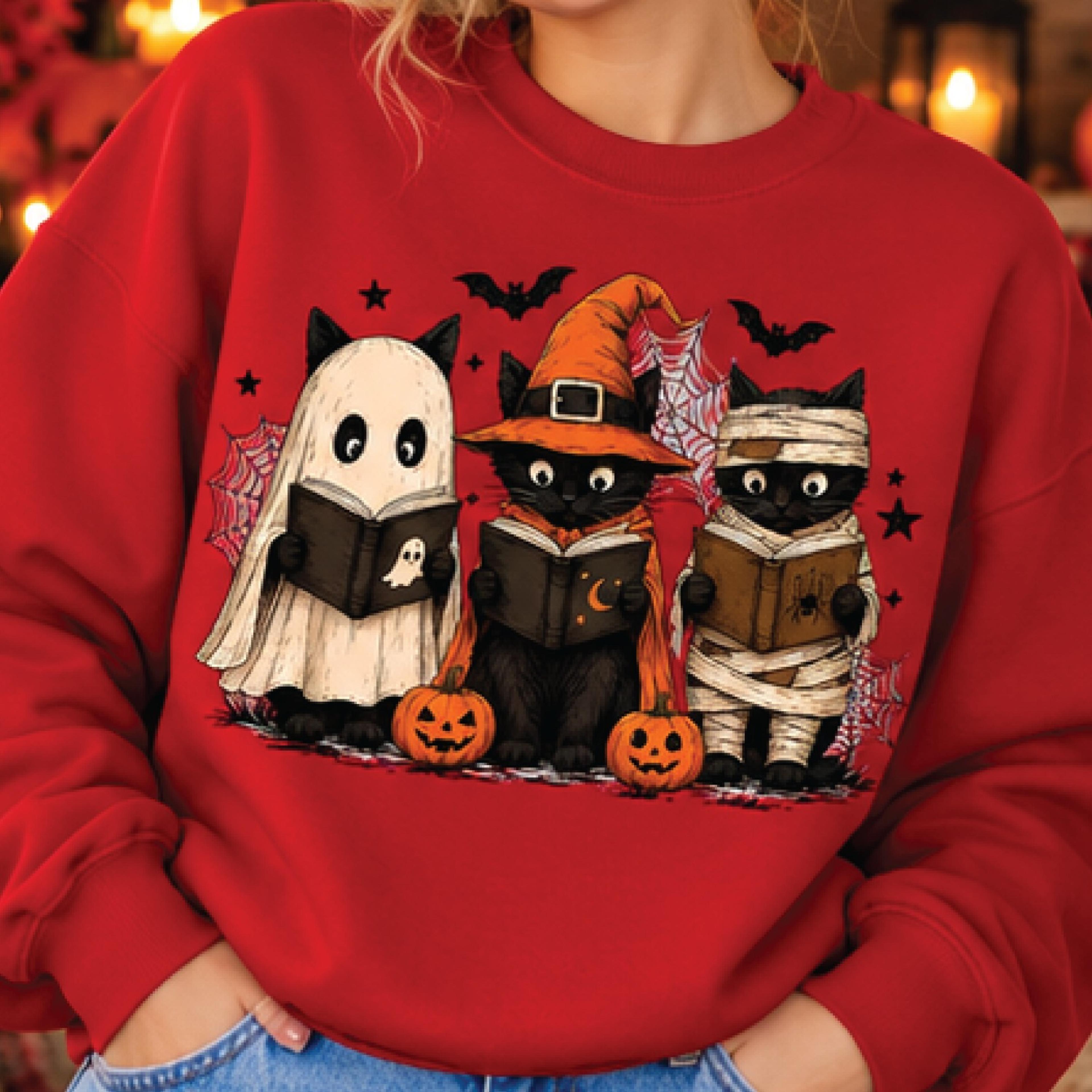 halloween reading cats sweatshirt, cute spooky book lover graphic pullover, ghost witch mummy kitten, fall librarian