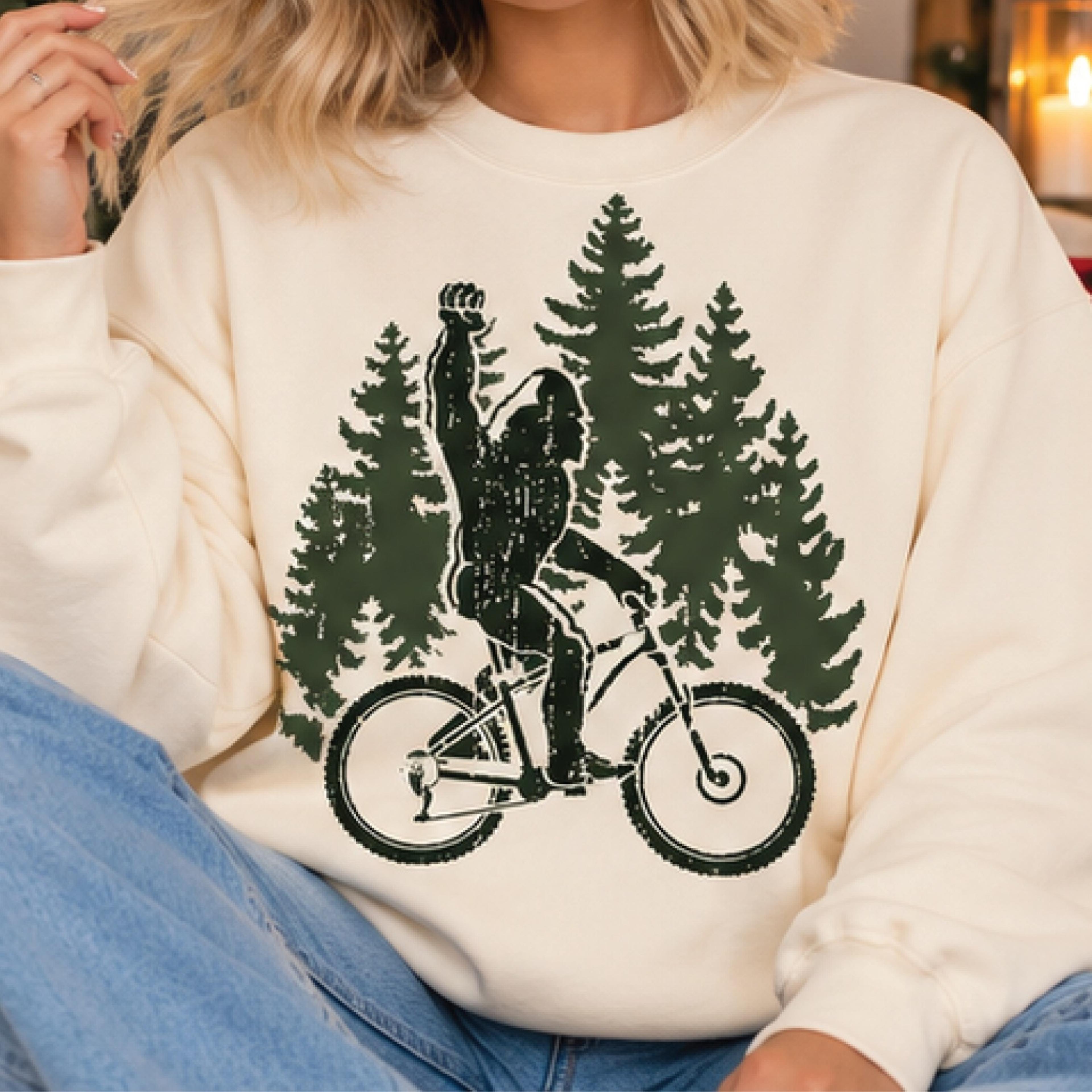 bigfoot mountain bike sweatshirt, funny sasquatch cycling graphic pullover, vintage forest adventure sweater, outdoor