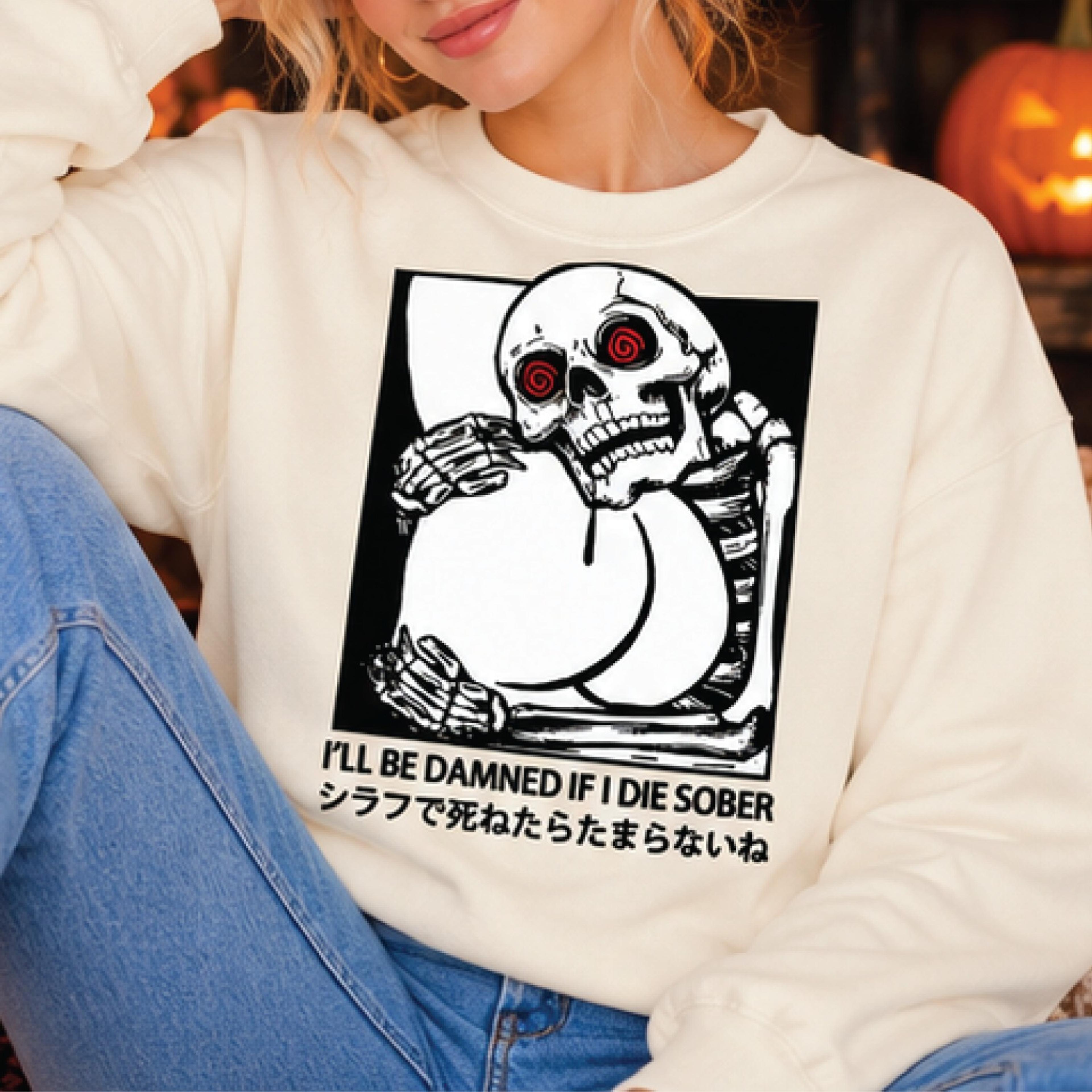 i'll be damned if i die sober sweatshirt, funny skeleton drinking graphic pullover, gothic halloween sweater, dark humor