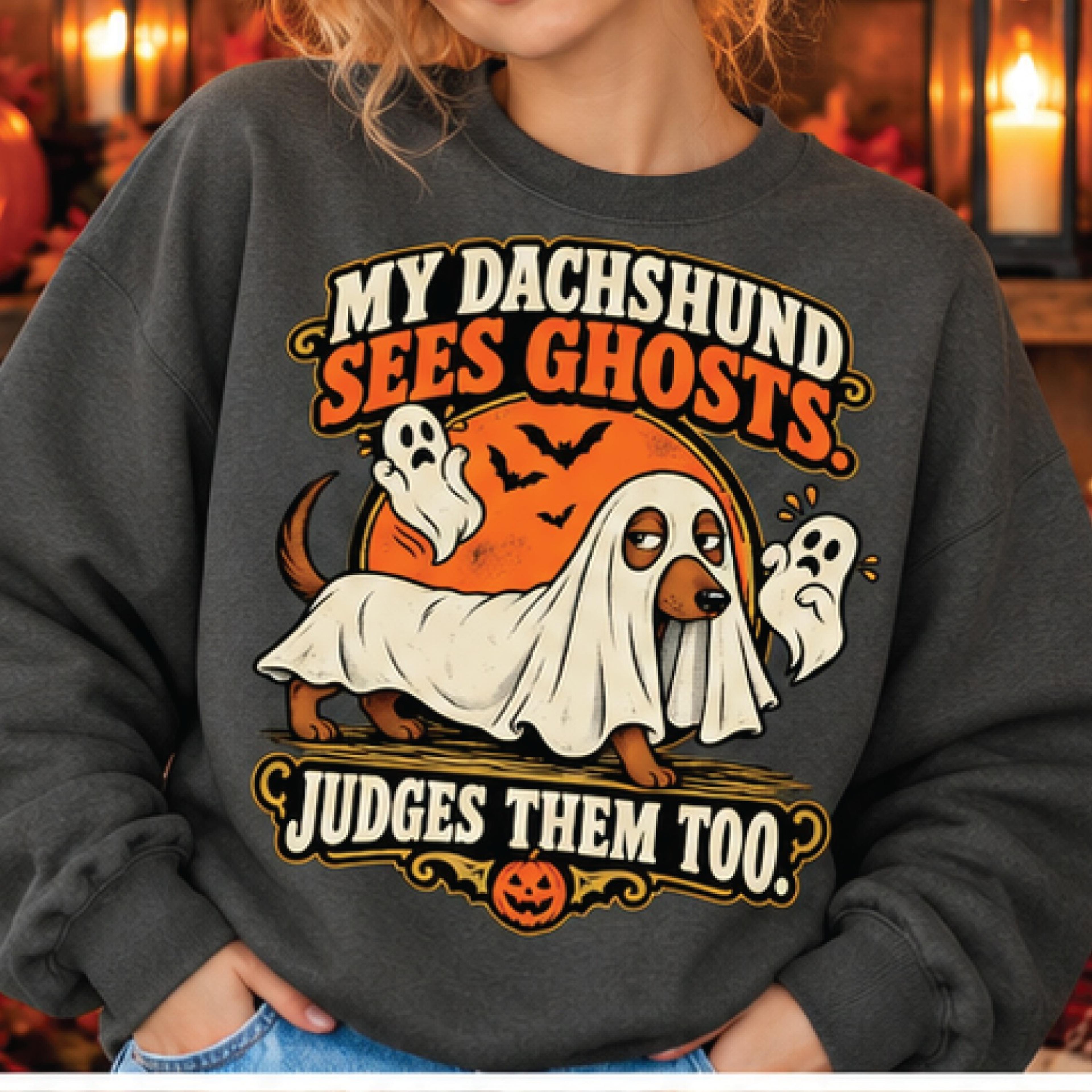 my dachshund sees ghosts judges them too sweatshirt, funny halloween dachshund sweater, ghost wiener dog pullover, dog