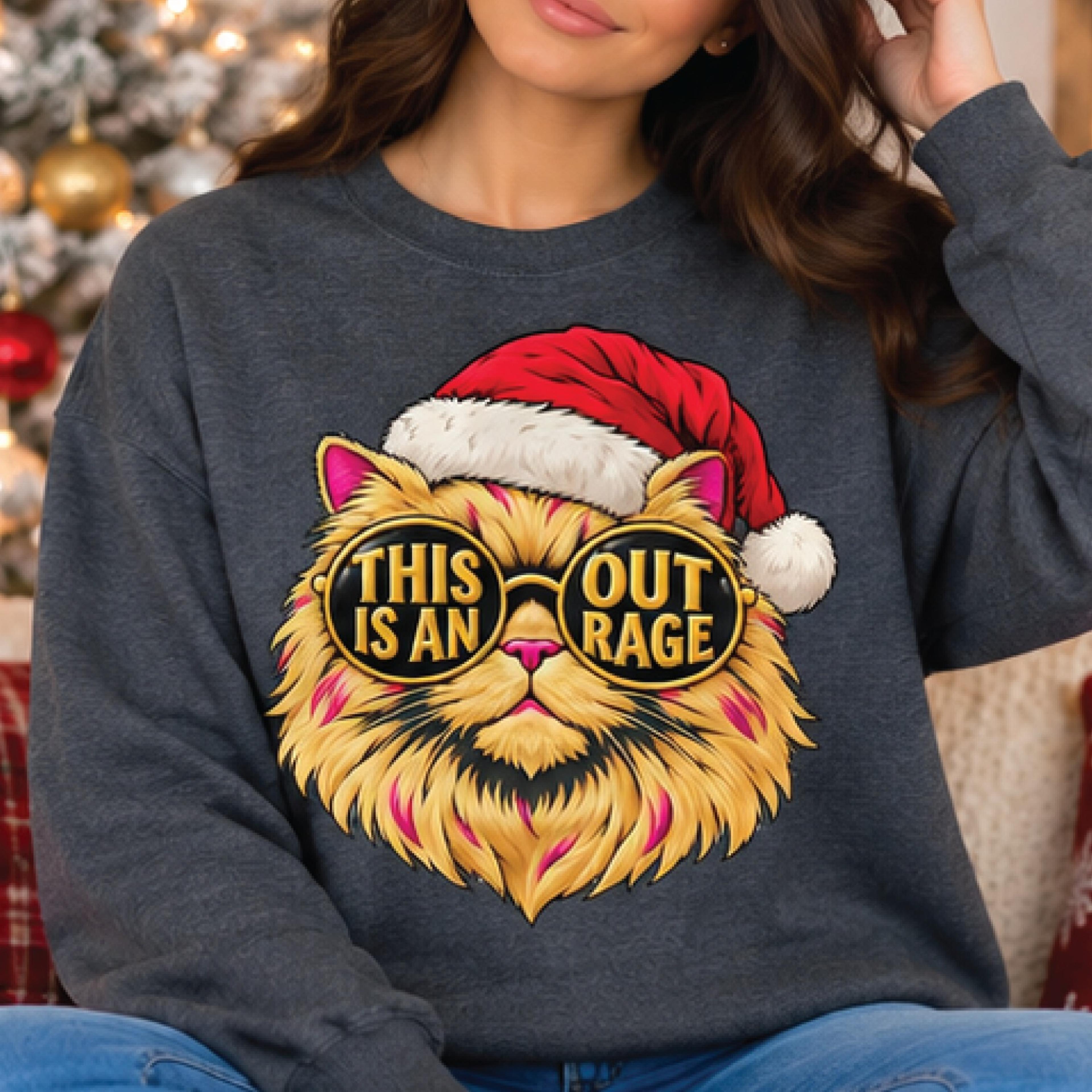 this is an outrage christmas sweatshirt, funny santa cat graphic pullover, sassy cat holiday sweater, cat lover