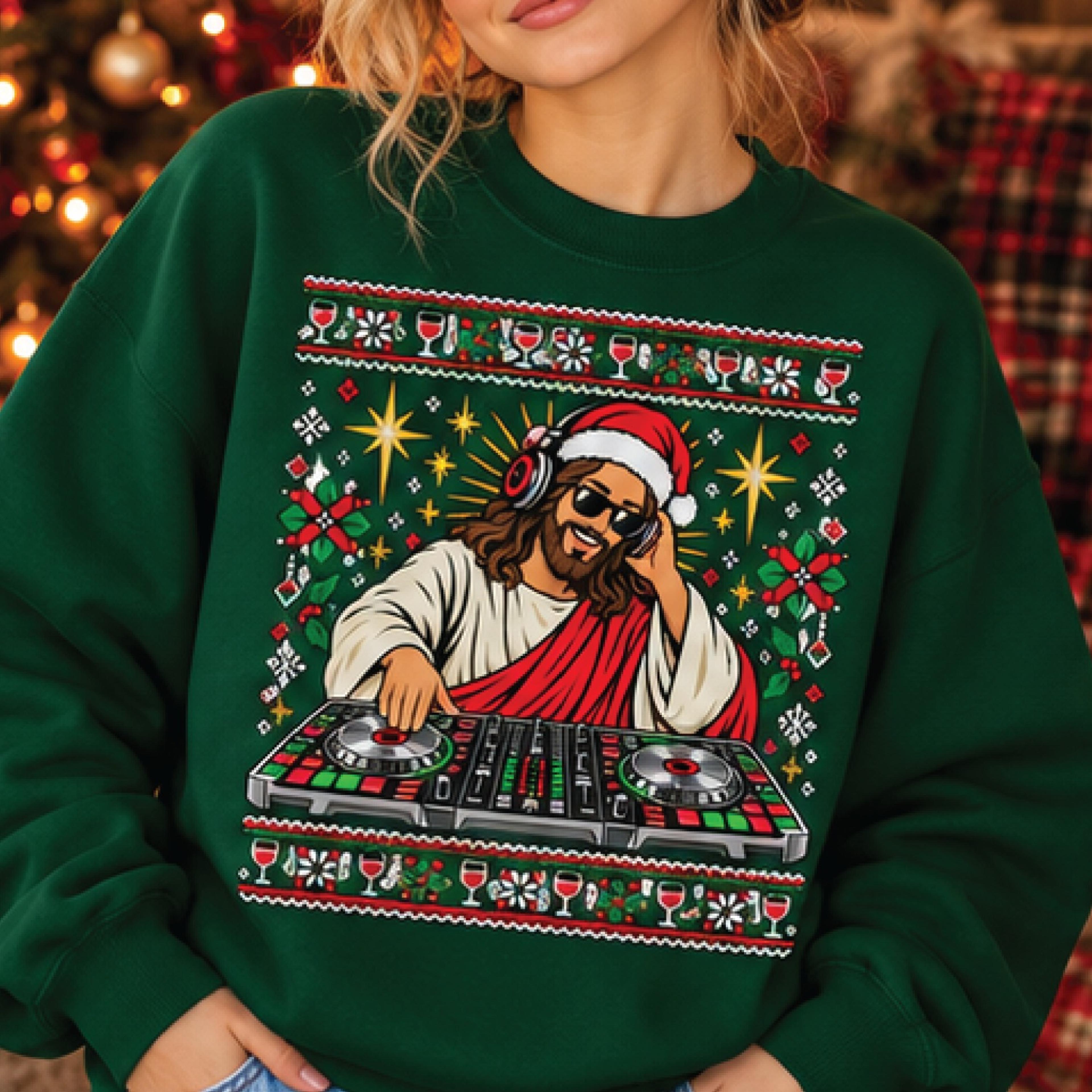dj jesus christmas sweatshirt, funny santa jesus dj graphic sweater, christian holiday music lover gift, festive xmas