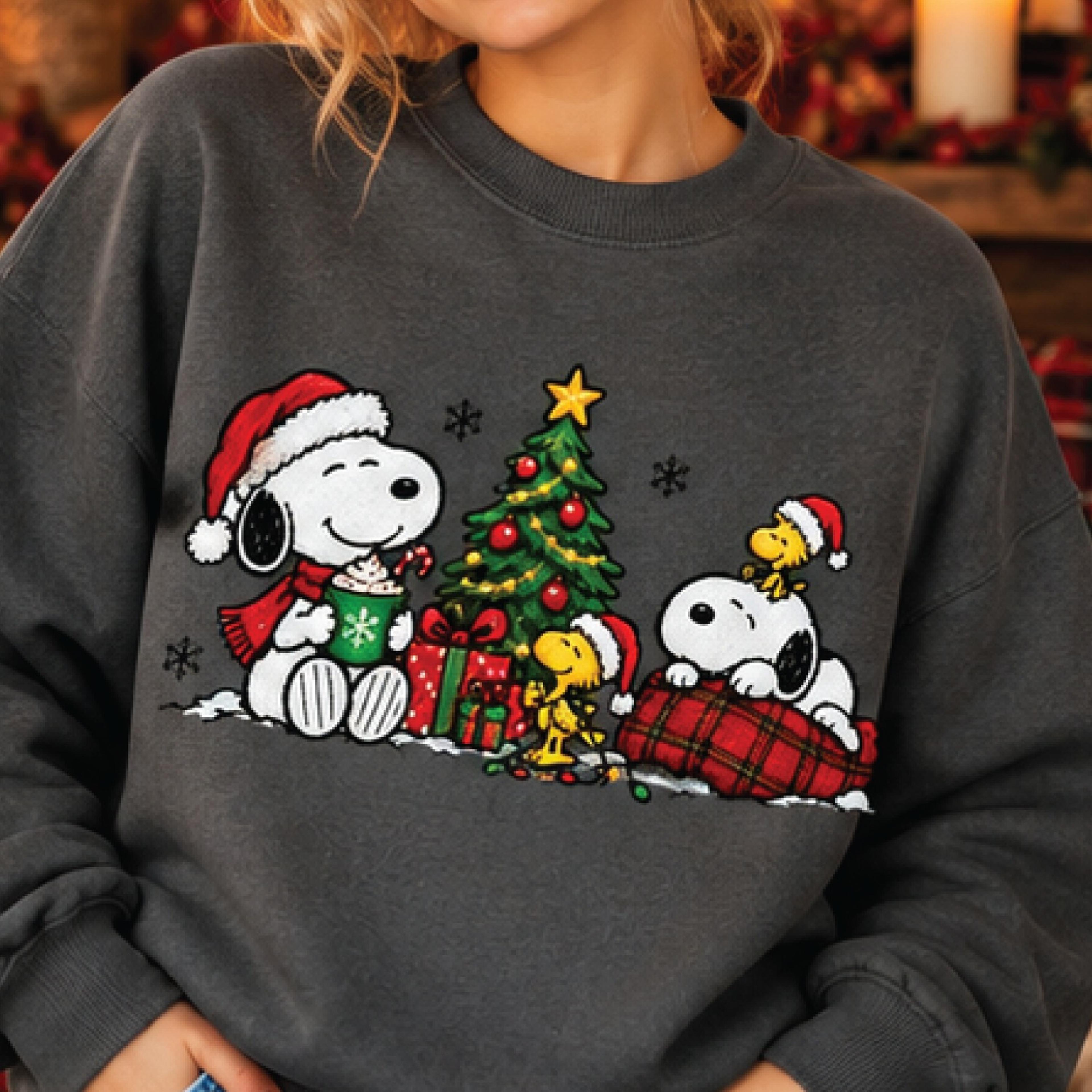 snoopy christmas sweatshirt, cute peanuts holiday graphic sweater, snoopy woodstock xmas tree winter gift pullover