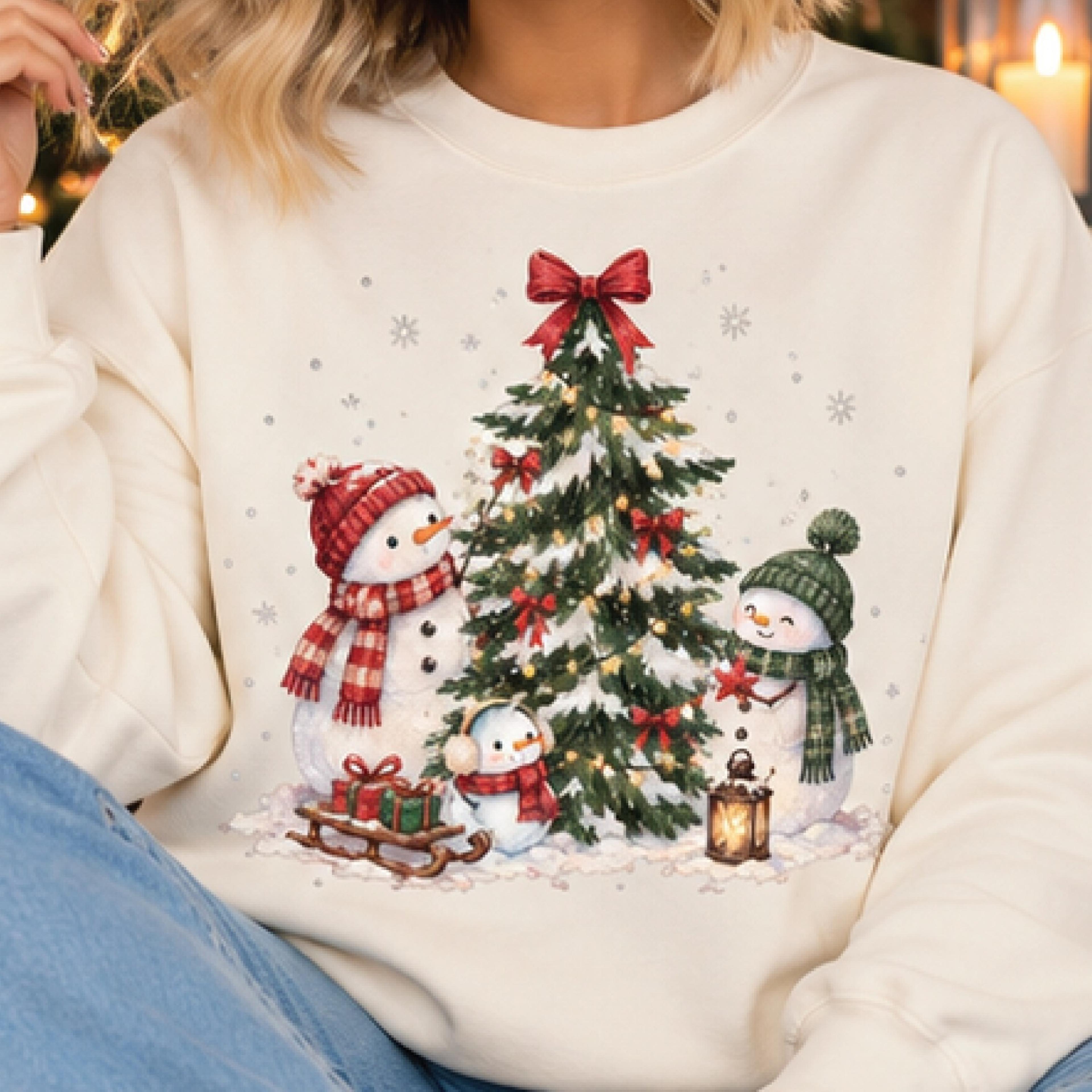 snowman family christmas sweatshirt, cute snowmen christmas tree graphic sweater, cozy winter holiday pullover gift