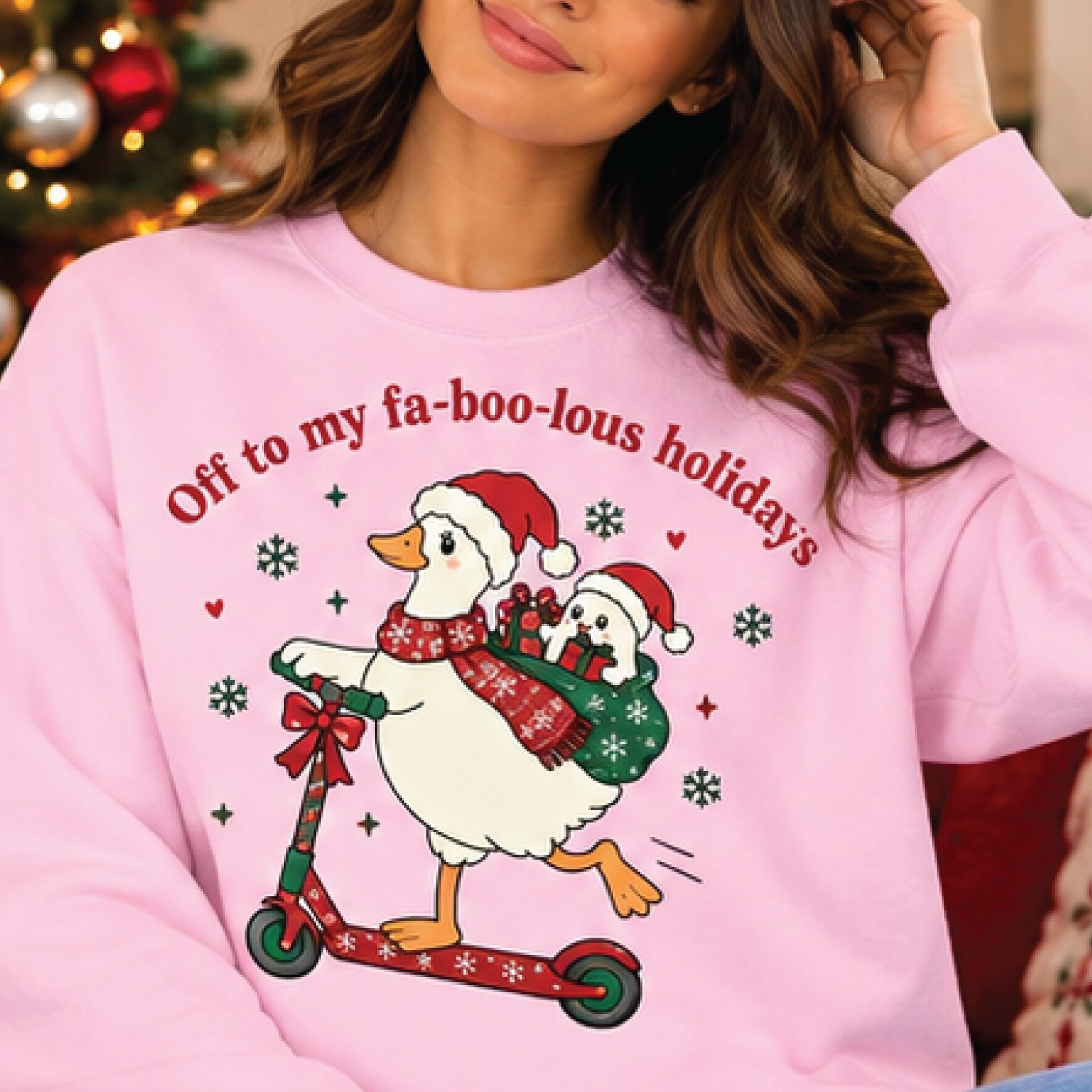 off to my fa boo lous holidays sweatshirt, funny christmas goose graphic sweater, cute festive duck holiday gift pullove